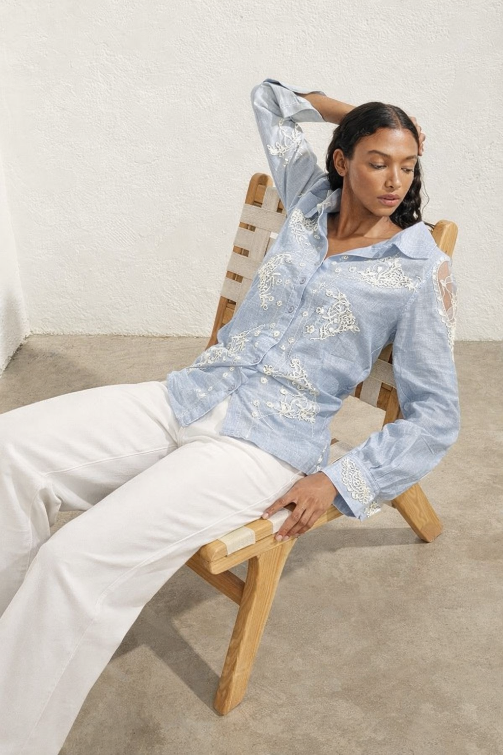 Powder Blue Lace Embroidered Shirt
