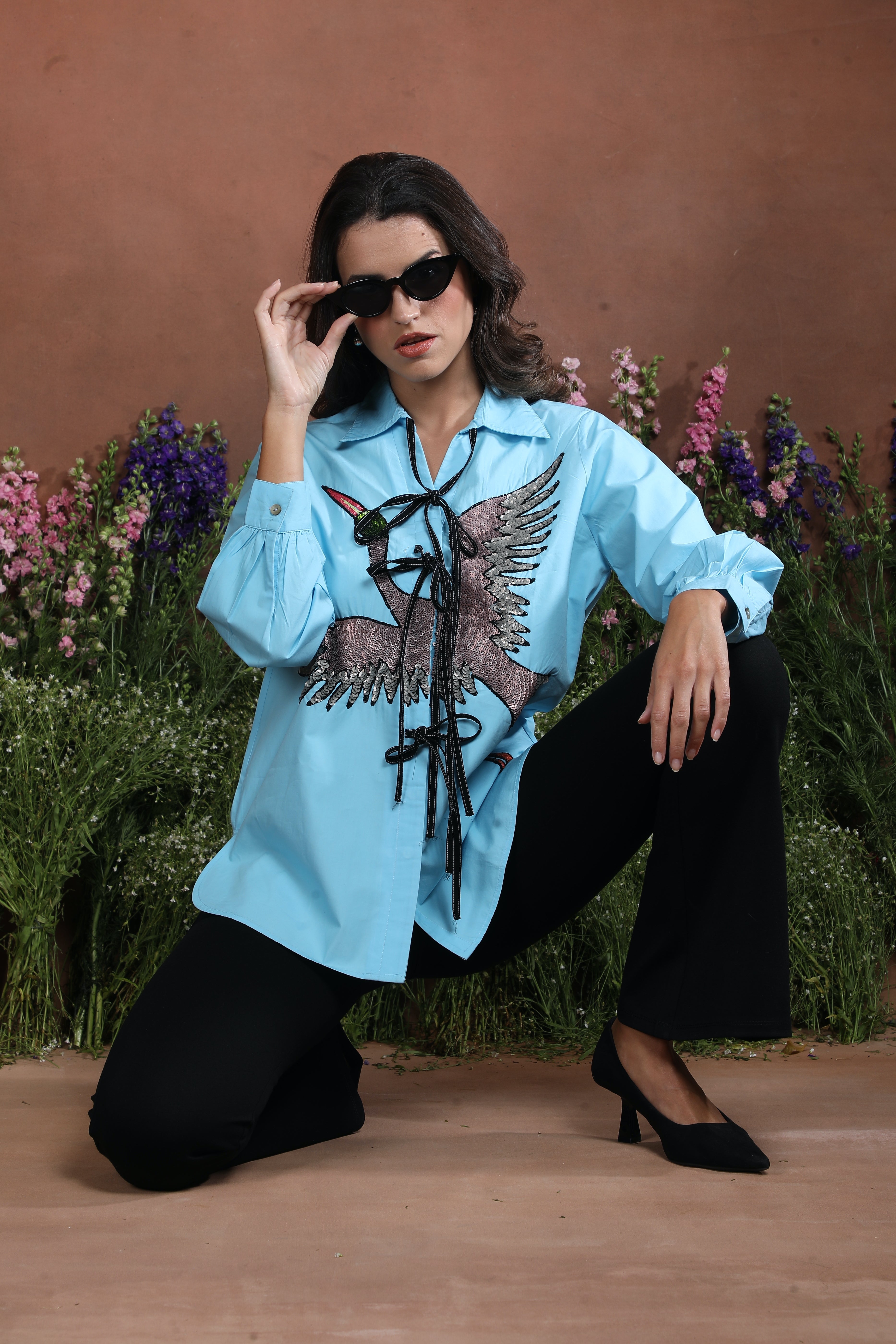 Azure Falcon Tie-Up Embroidered Shirt