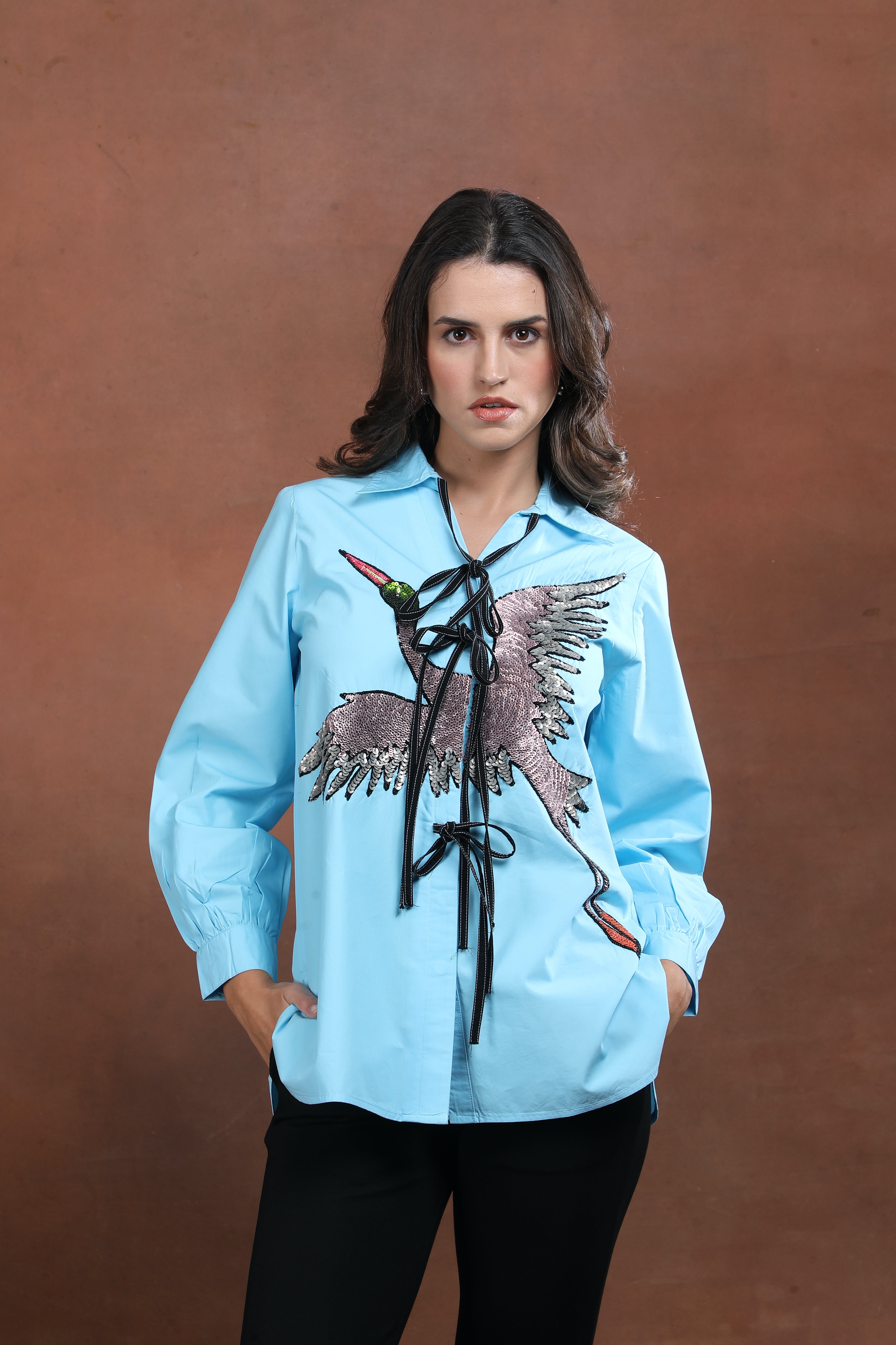 Azure Falcon Tie-Up Embroidered Shirt