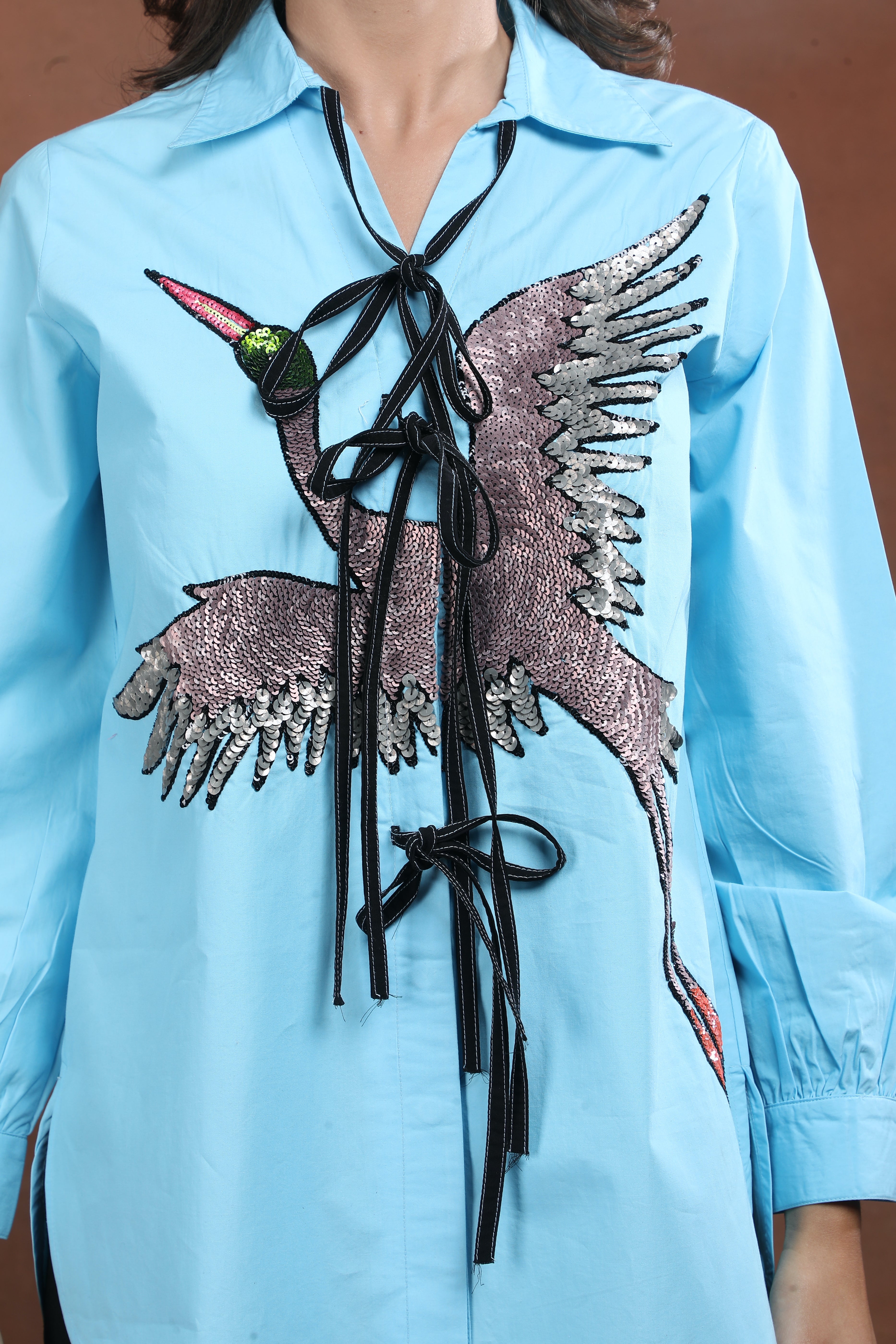 Azure Falcon Tie-Up Embroidered Shirt