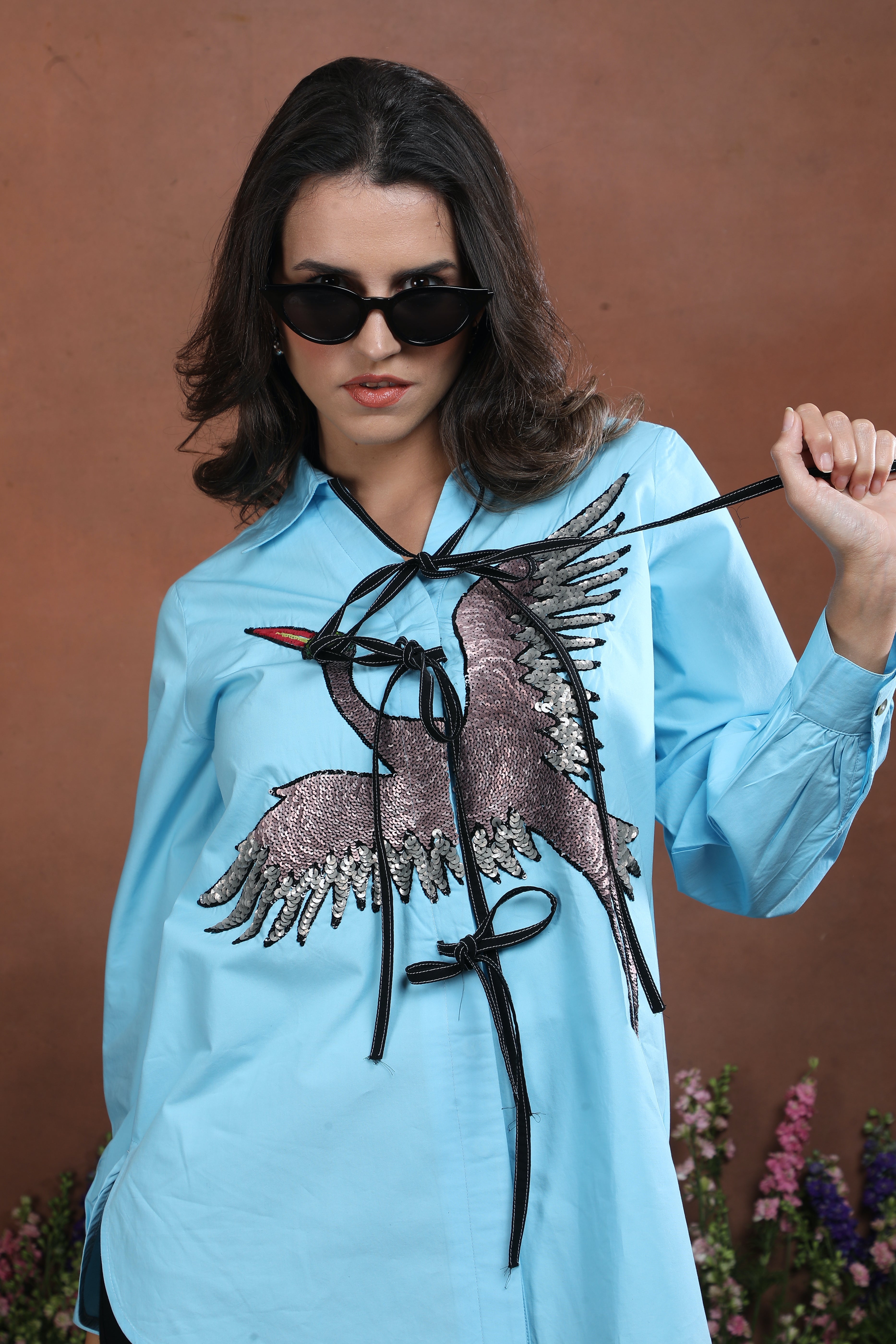 Azure Falcon Tie-Up Embroidered Shirt
