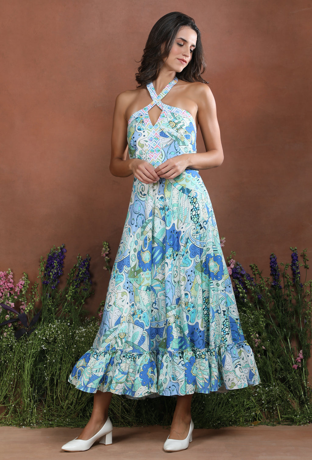 Blue Odyssey Printed Halter Flare Dress