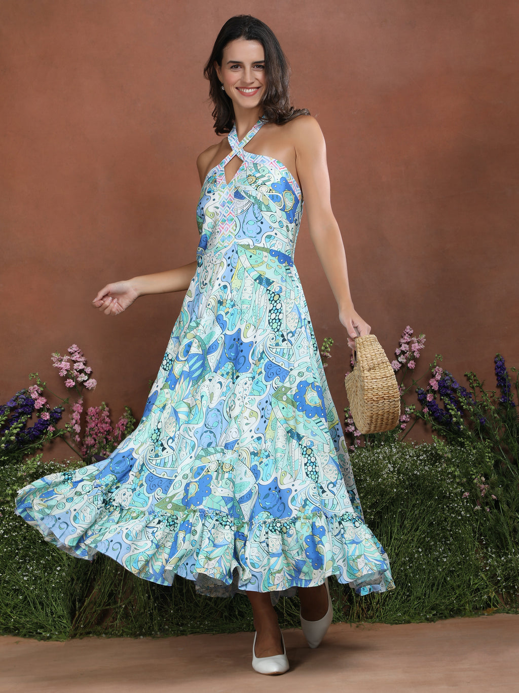 Blue Odyssey Printed Halter Flare Dress