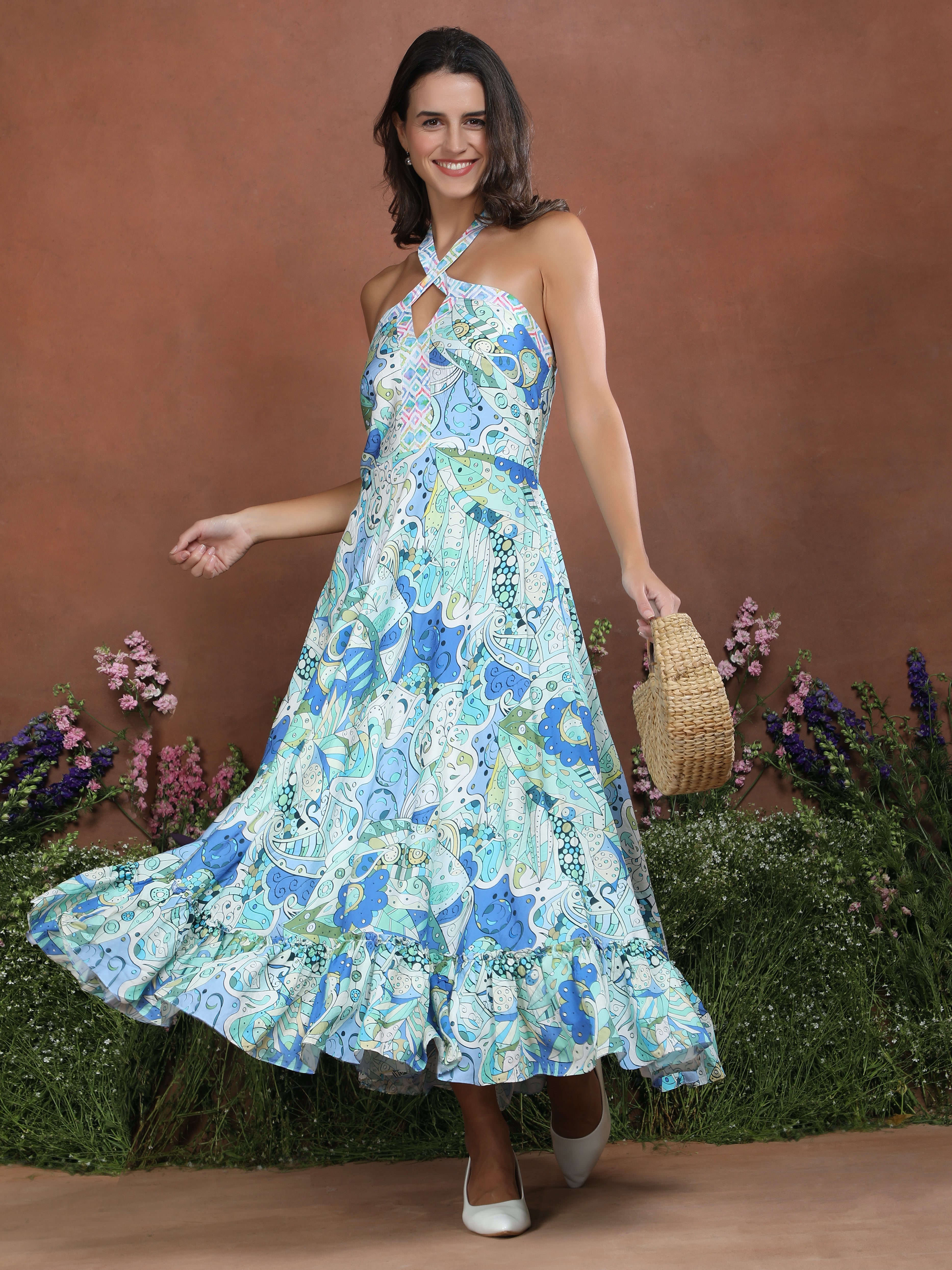 Blue Odyssey Printed Halter Flare Dress