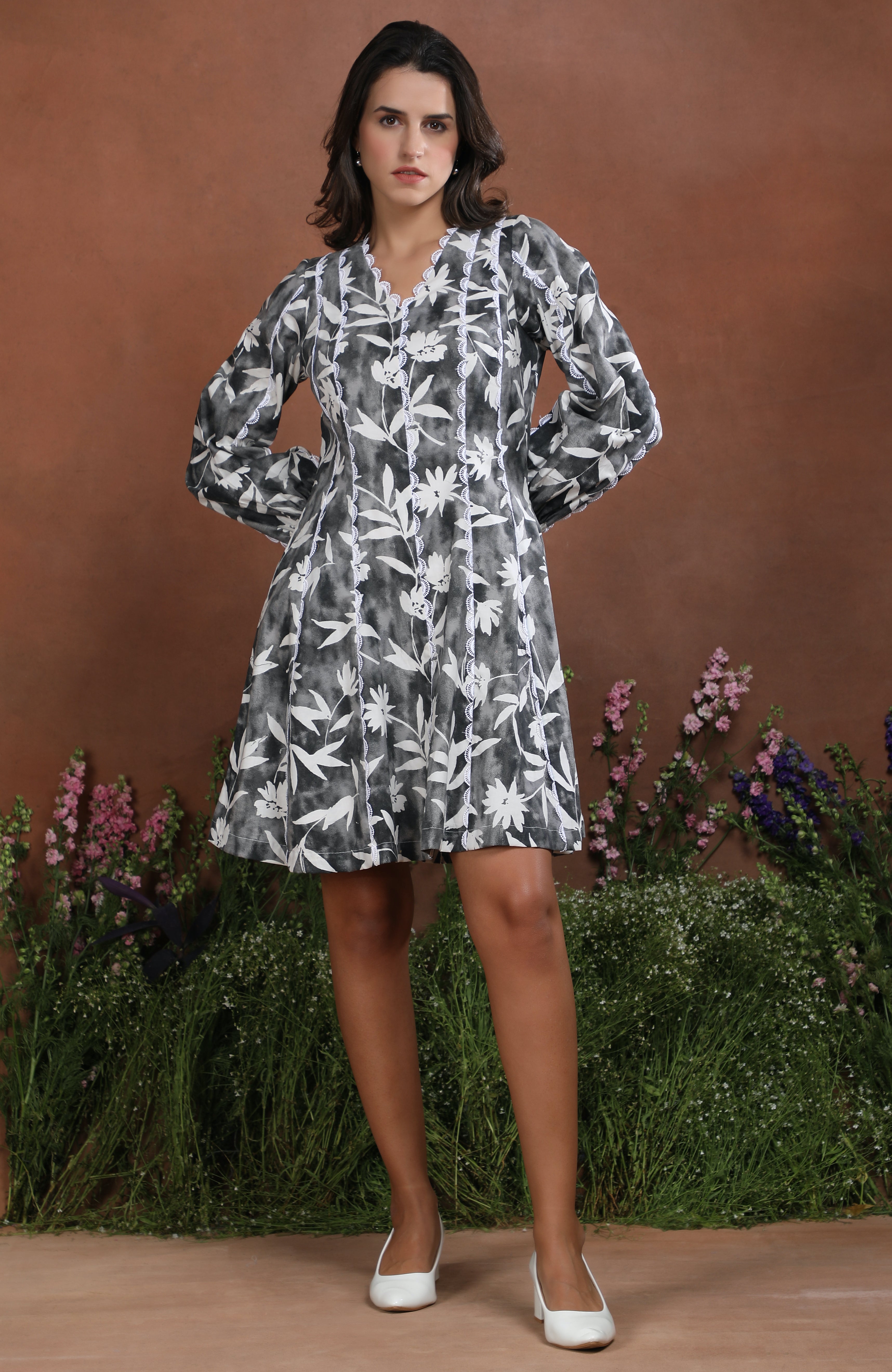 Grey Bloom Printed Fit & Flare Dress