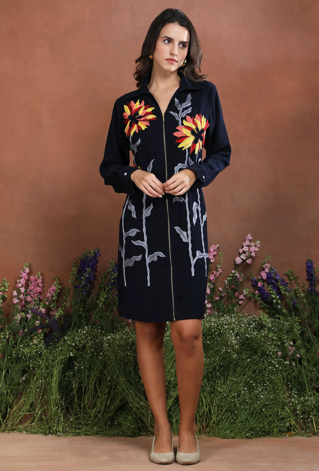Noir Bloom Zip-Front Embroidered Dress