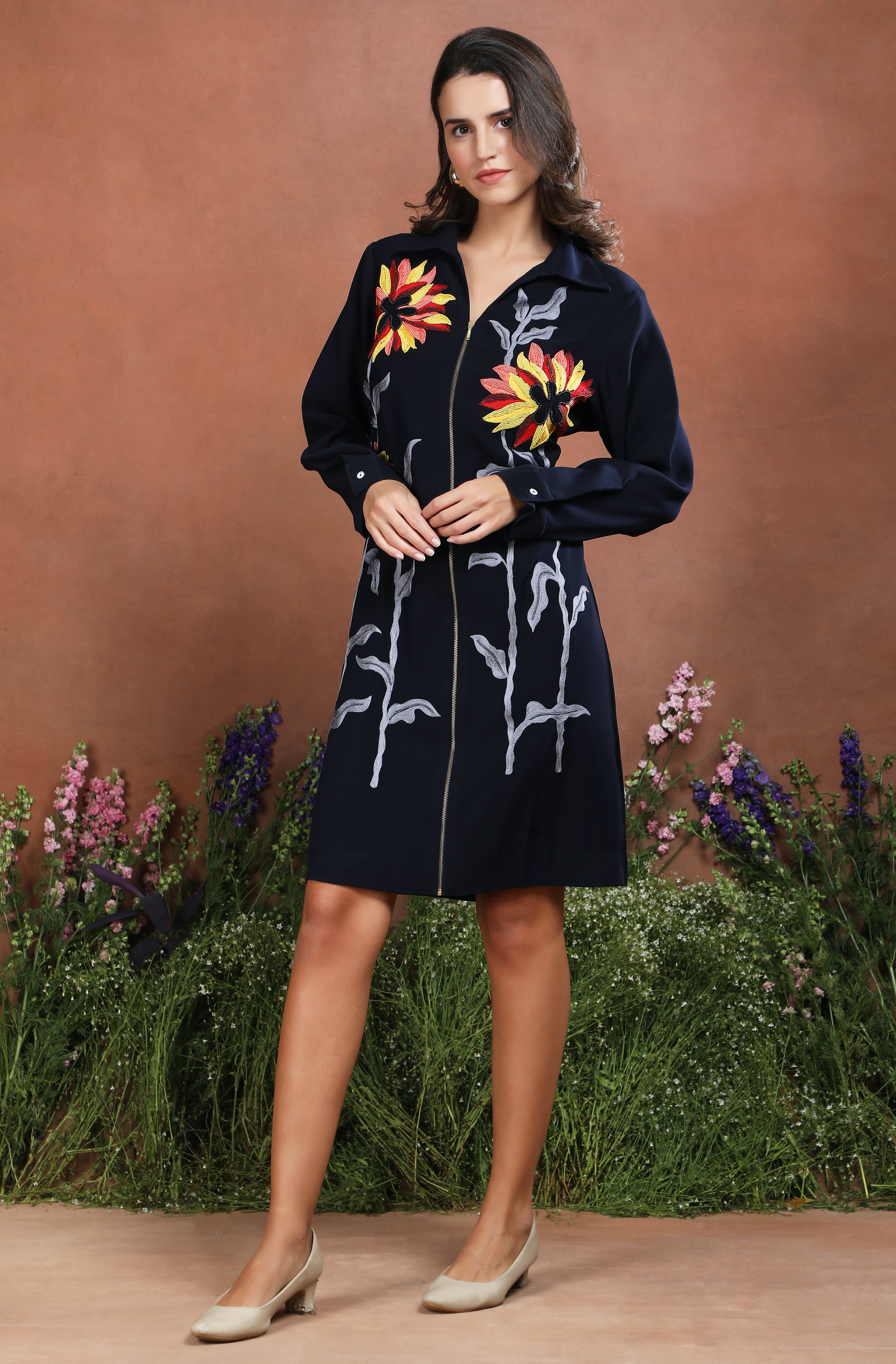 Noir Bloom Zip-Front Embroidered Dress