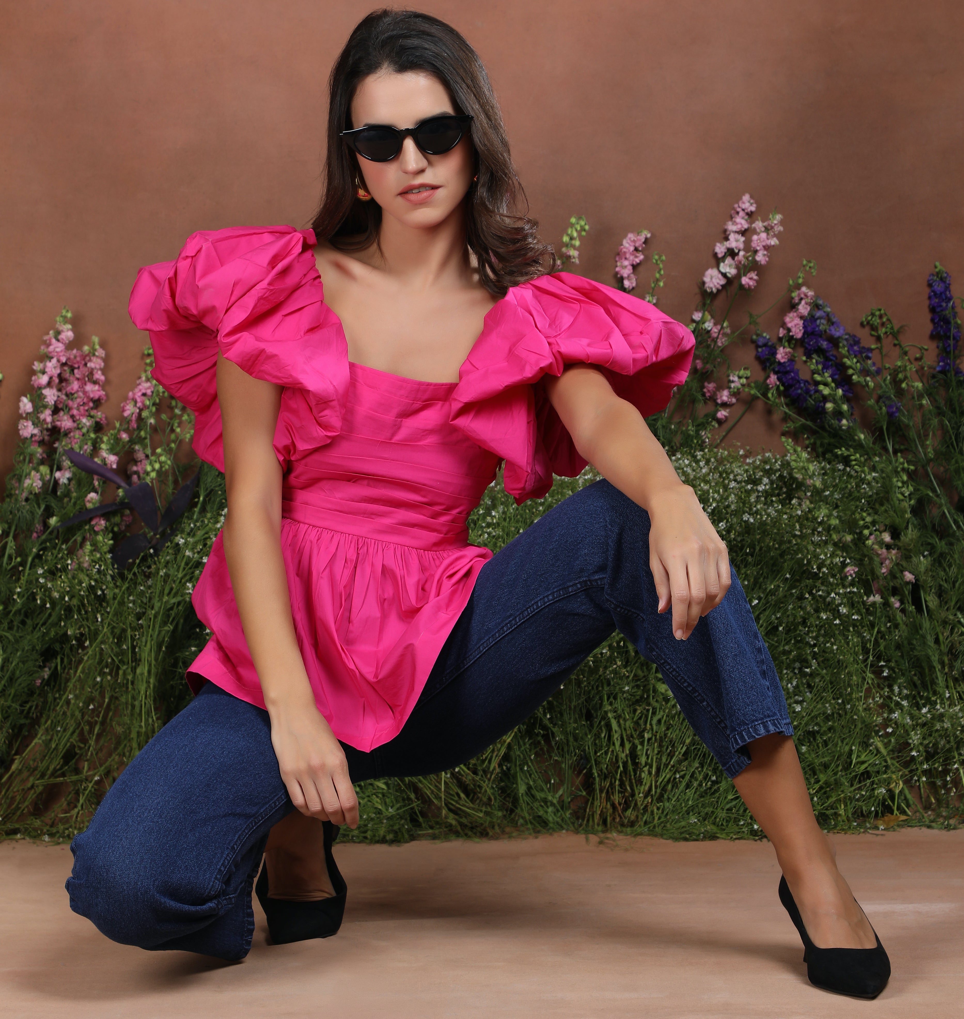 Pink Radiance Statement Sleeve Peplum Top