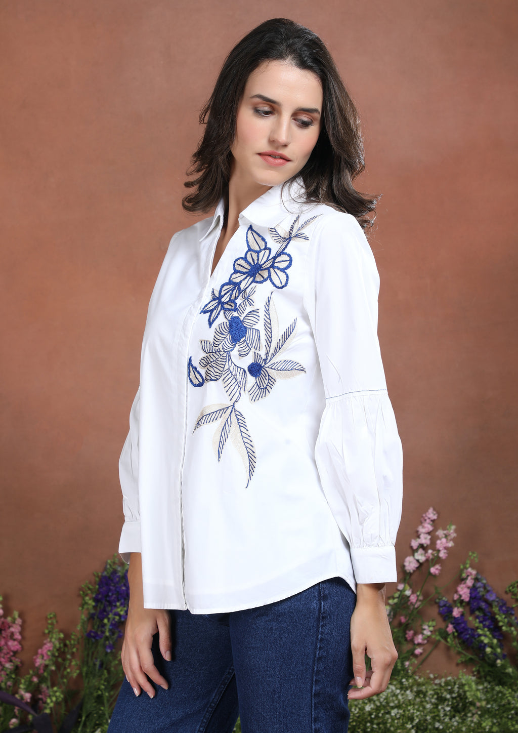 White Botanical Threadwork Classic Shirt