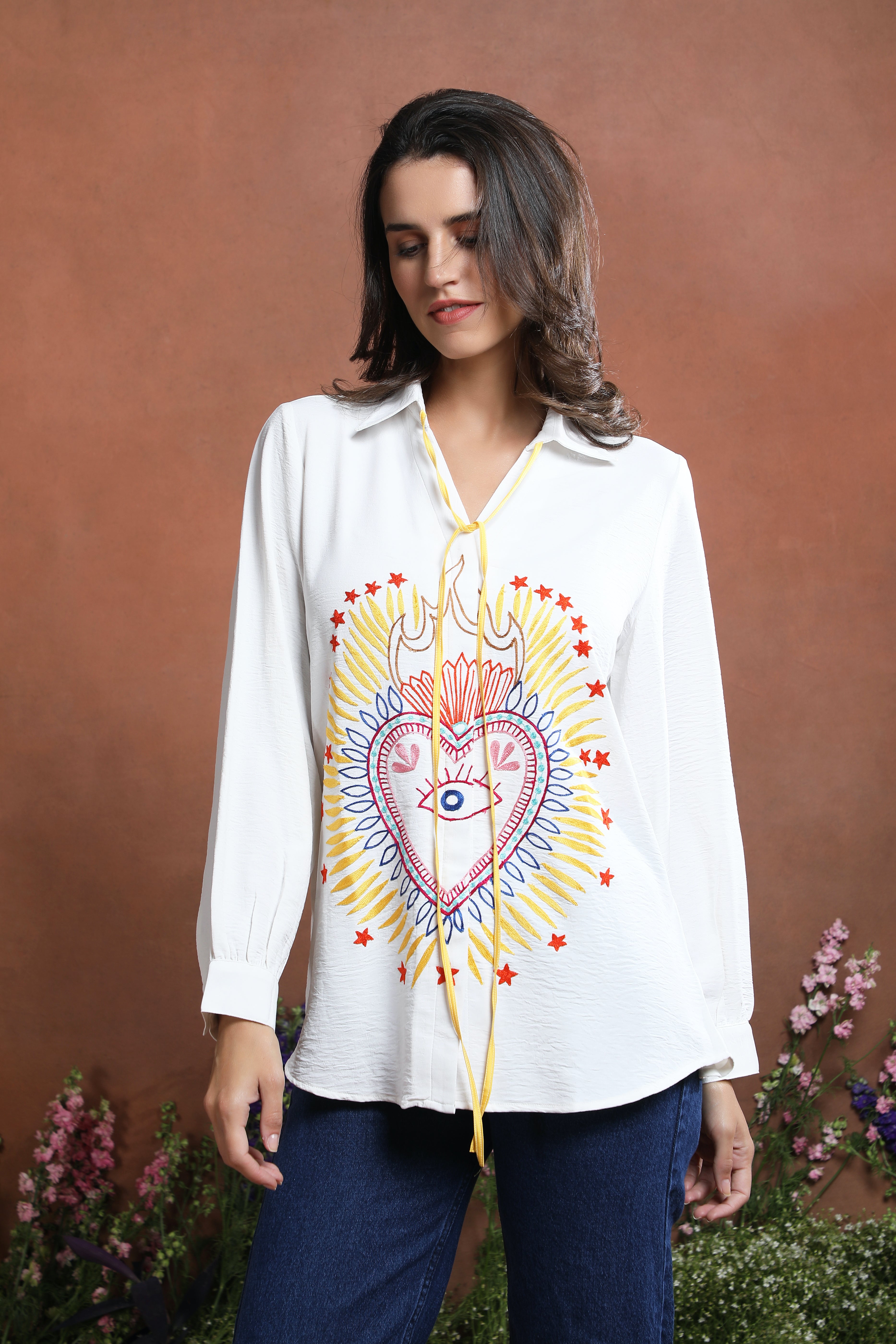 Sunburst Heart Embroidered Boho Shirt