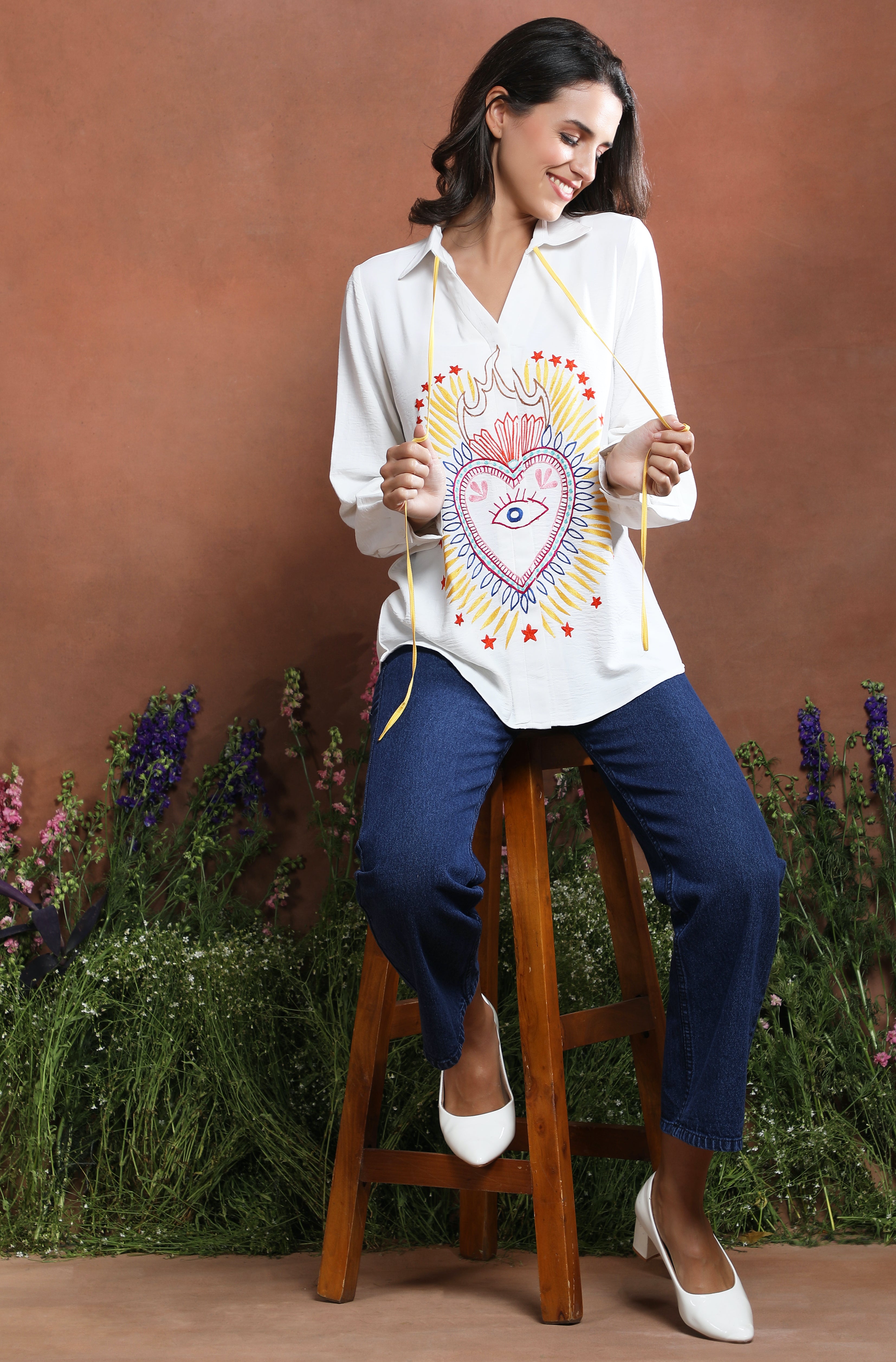 Sunburst Heart Embroidered Boho Shirt
