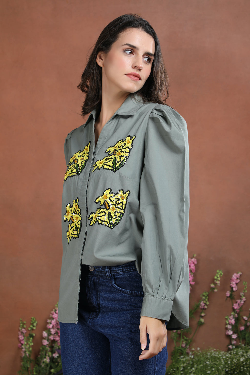 Olive Spark Botanical Sequin Shirt