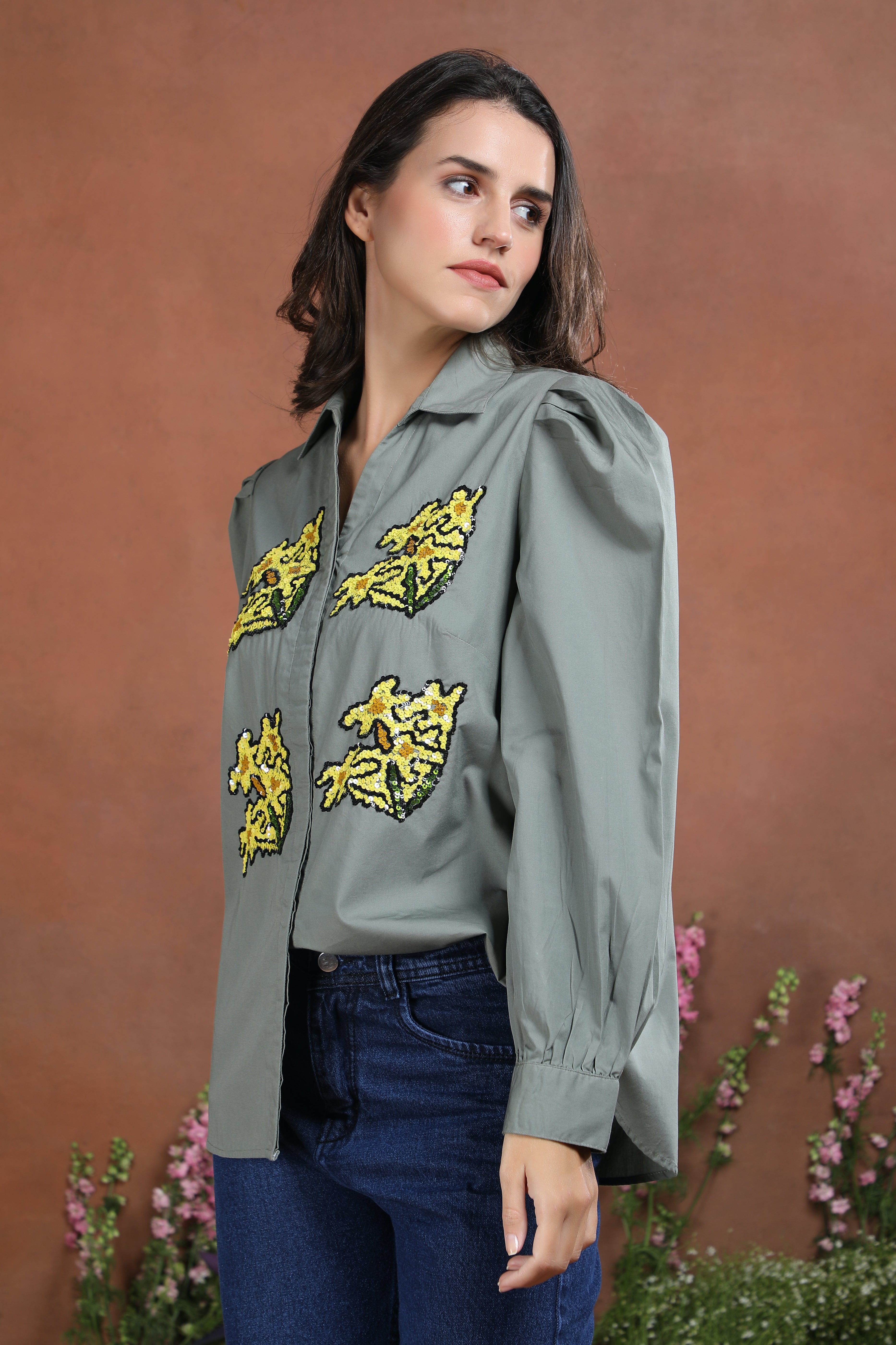 Olive Spark Botanical Sequin Shirt