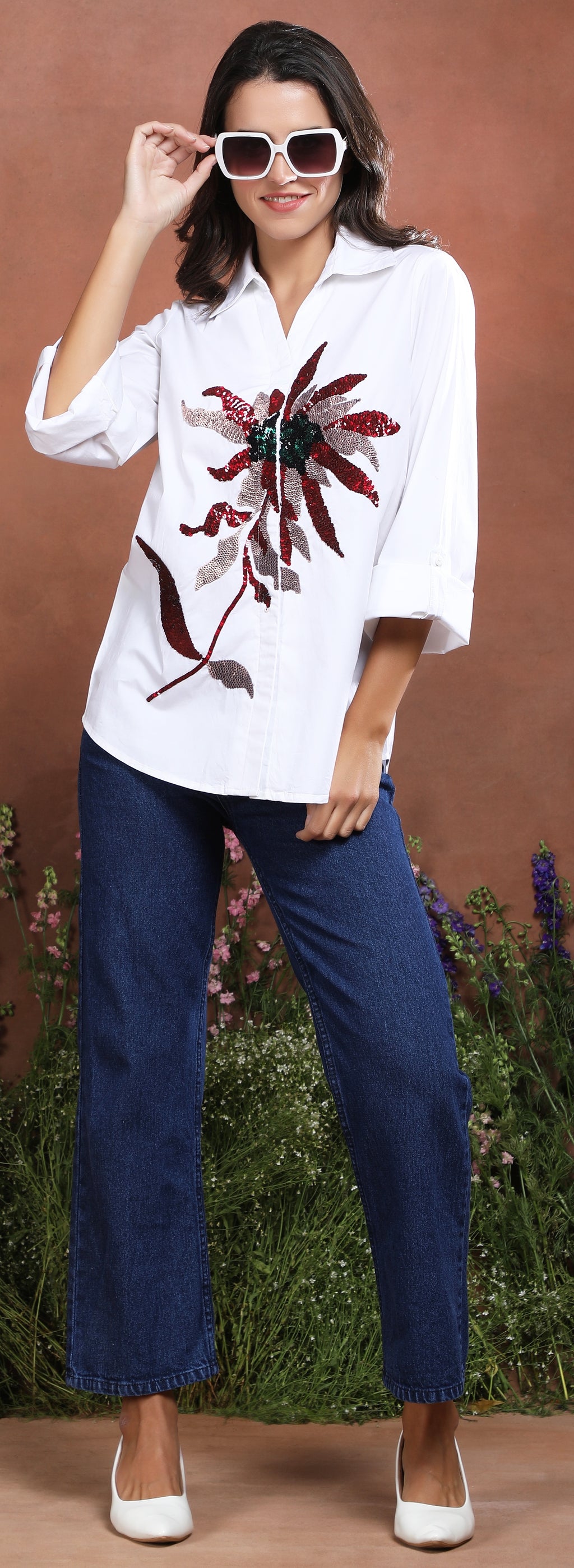 White Bloom Statement Sequin Shirt