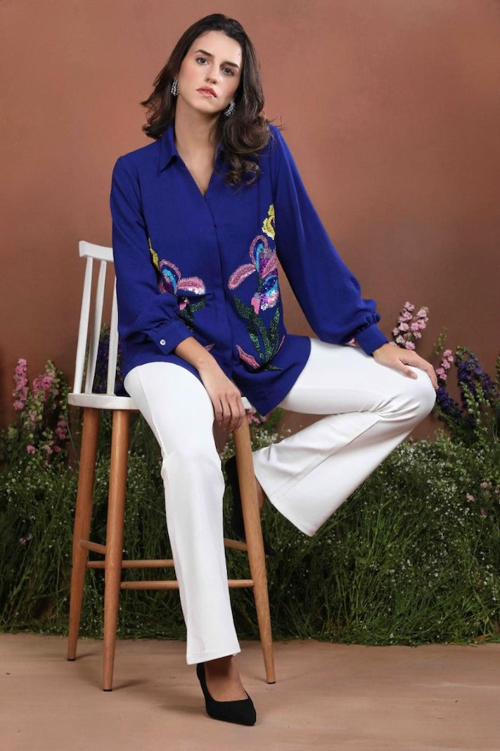 Royal Bloom Sequin Embroidered Shirt