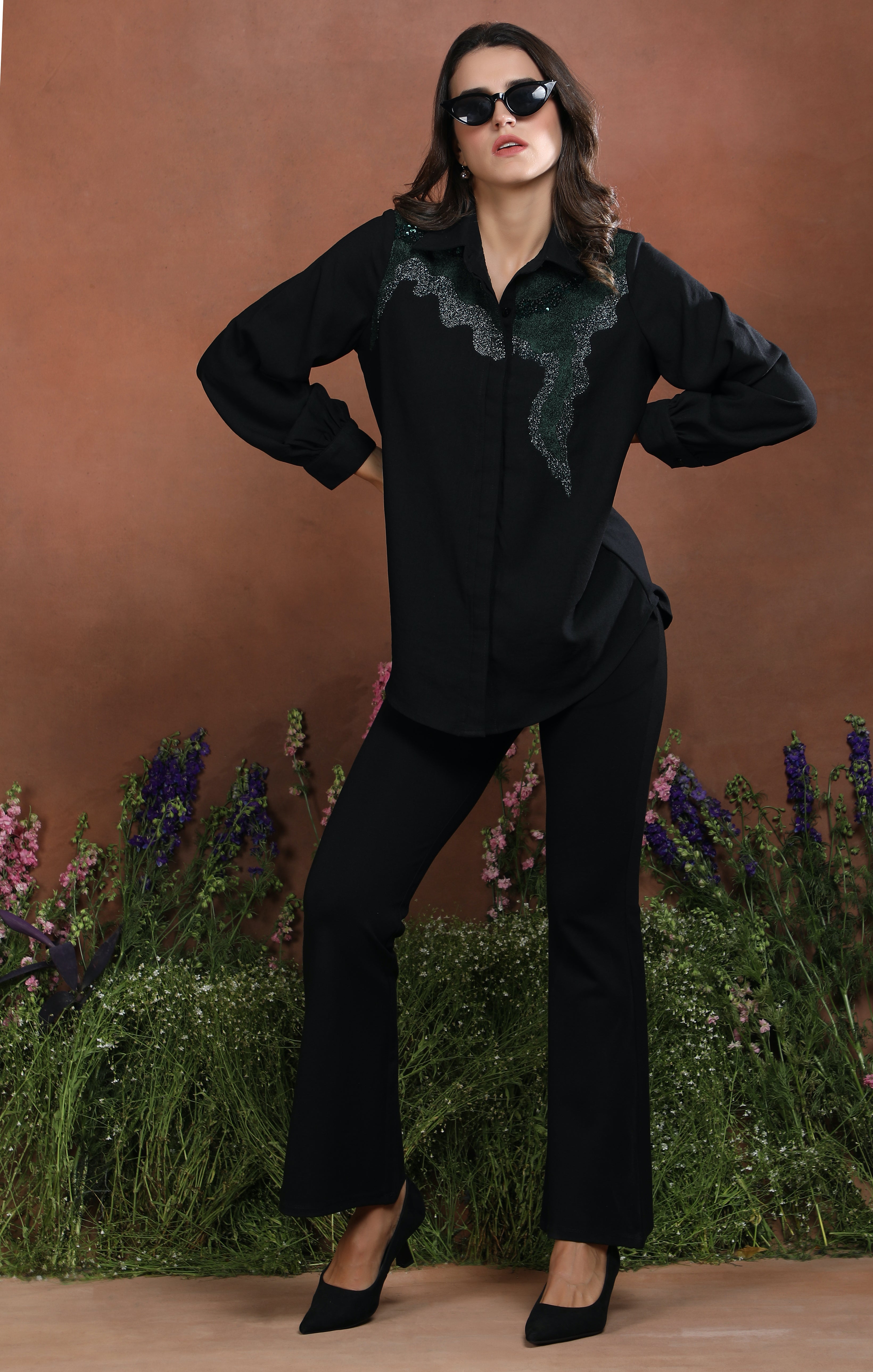 Emerald Whisper Embroidered Crepe Co-Ord Set