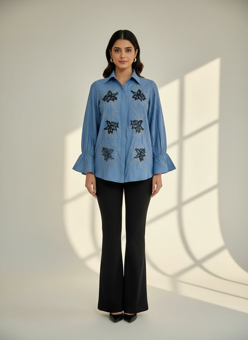 Azure Bloom Embroidered Shirt