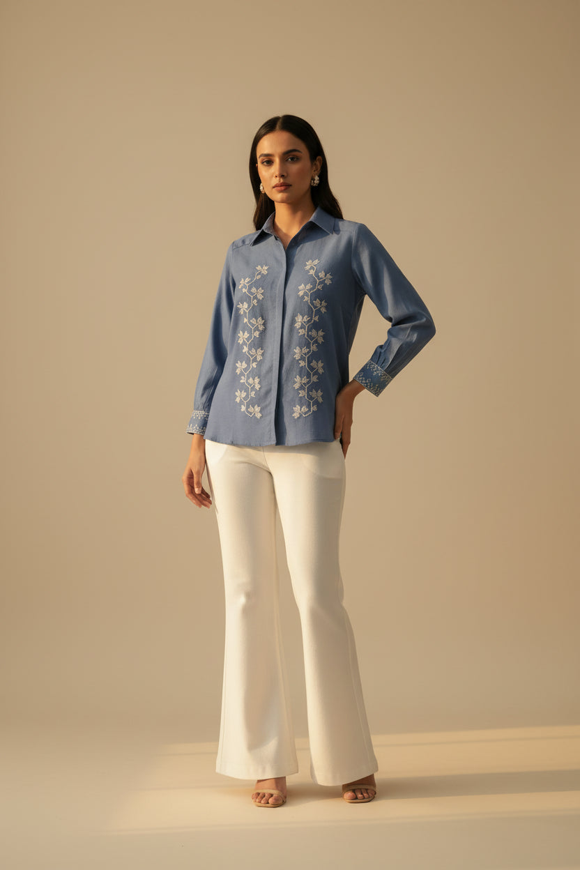 Azure Vine Embroidered Shirt