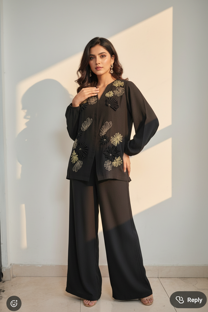 Midnight Bloom Embroidered Co-Ord Set