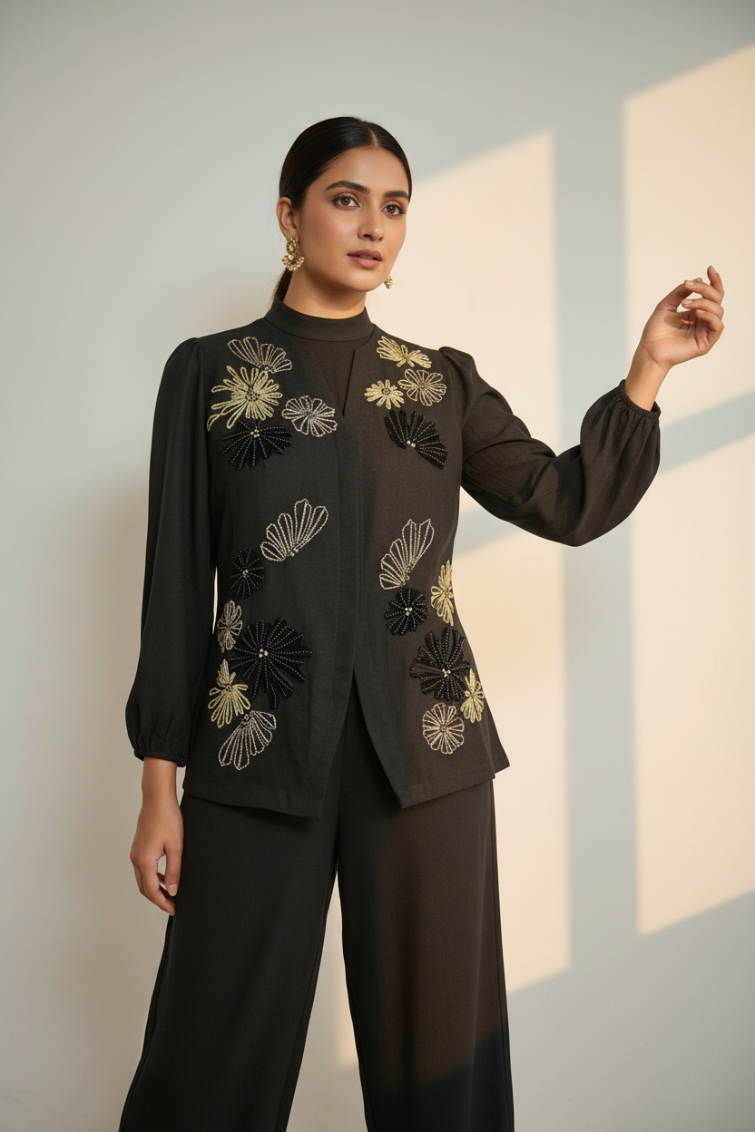 Midnight Bloom Embroidered Co-Ord Set