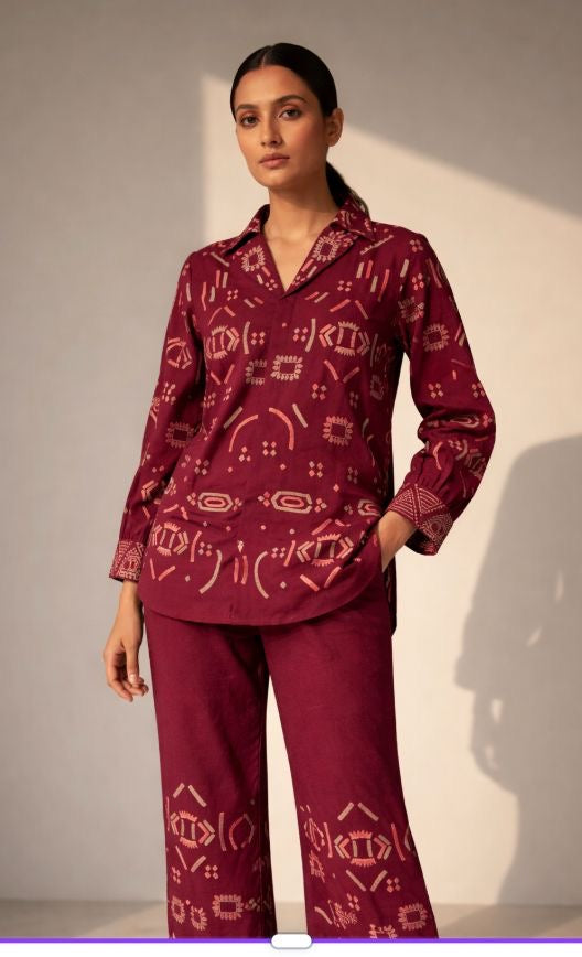 Maroon Tribal Print Co-Ord Set