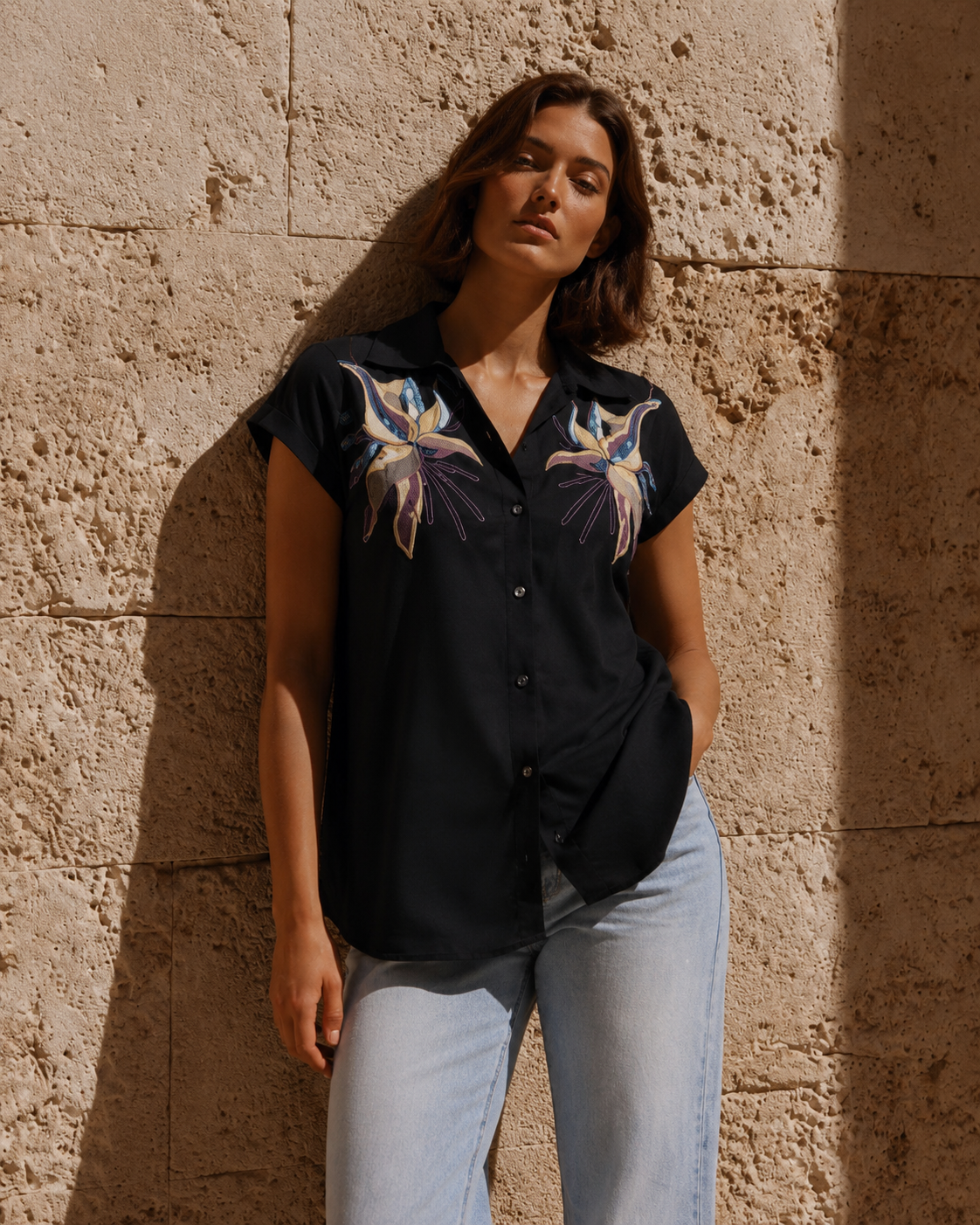Midnight Hummingbird Embroidered Shirt
