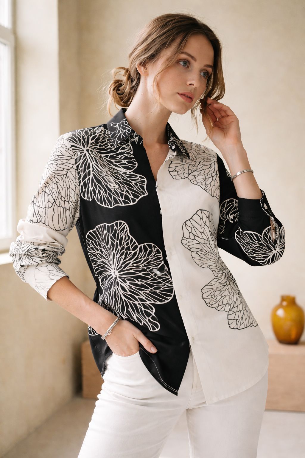 Monochrome Floral Contrast Shirt