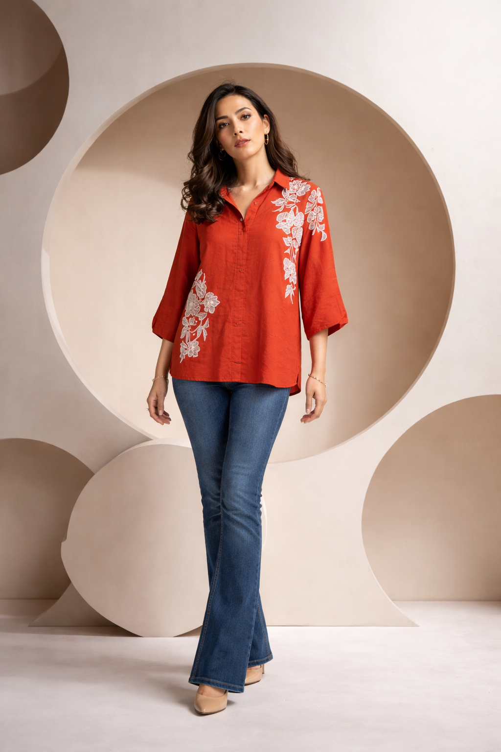Crimson Bloom Embroidered Shirt