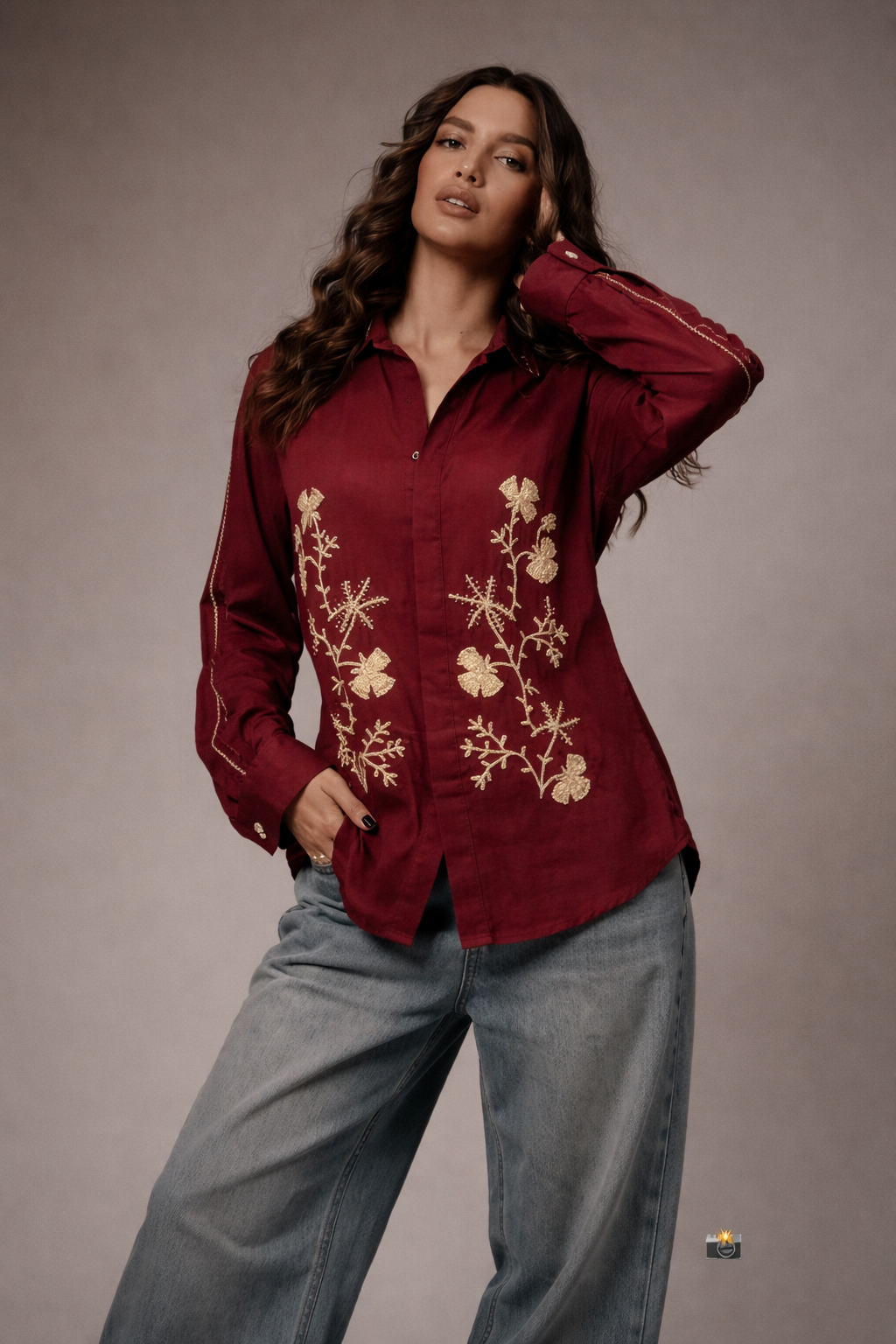 Ruby Garden Gold Embroidered Shirt