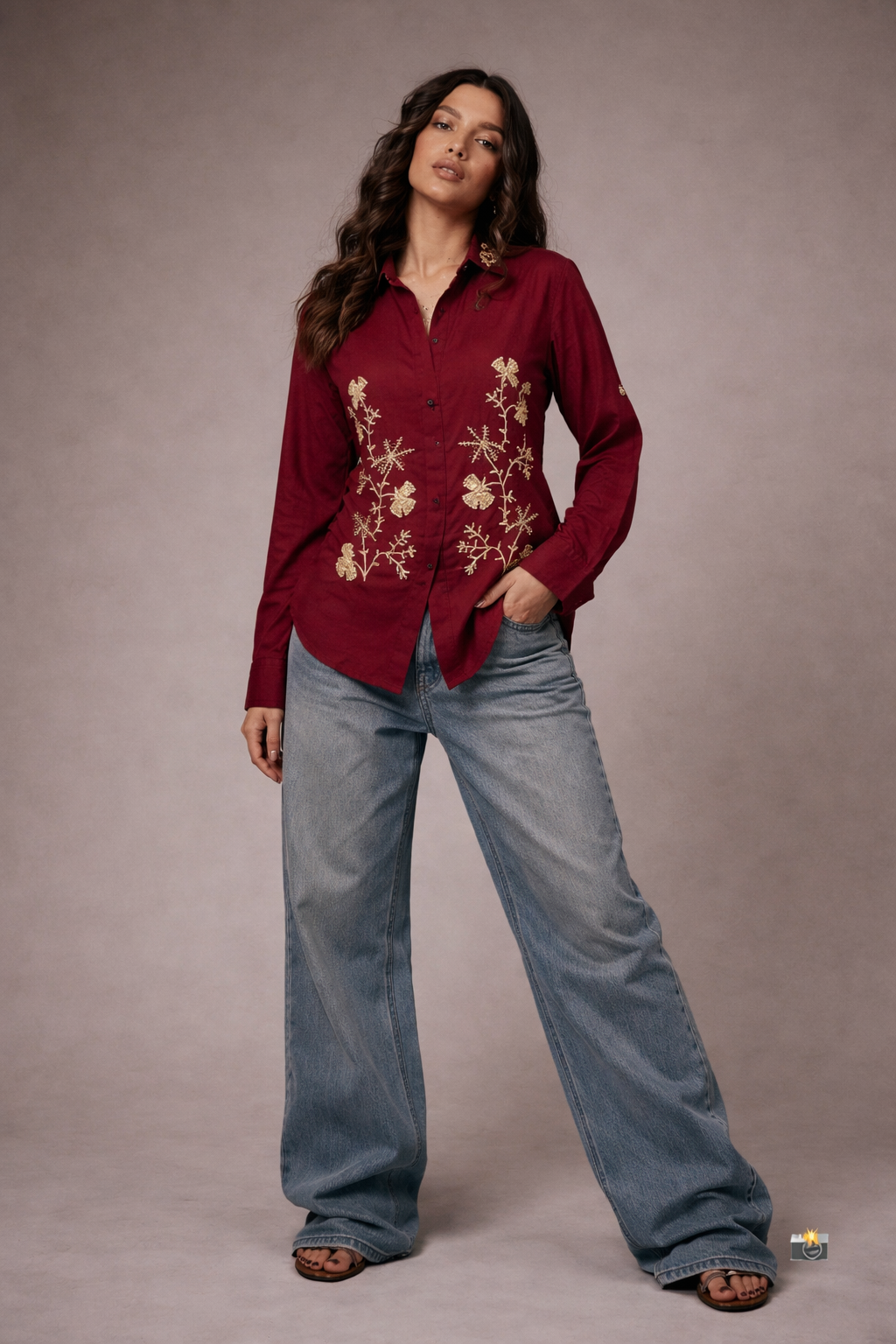 Ruby Garden Gold Embroidered Shirt