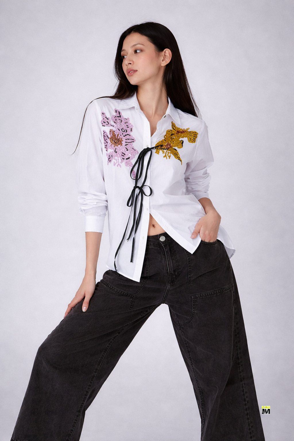 Ivory Bloom Tie-Up Embellished Shirt