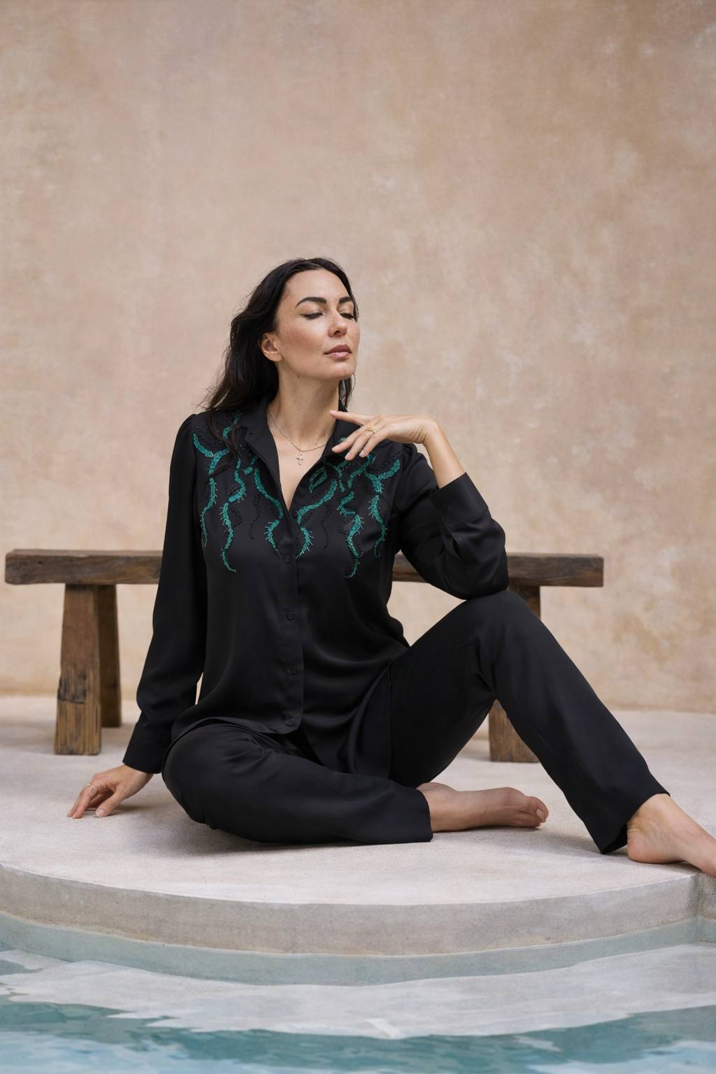 Black Embroidered Satin Shirt