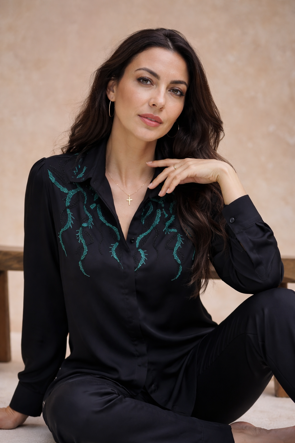 Black Embroidered Satin Shirt