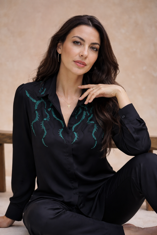 Black Embroidered Satin Shirt