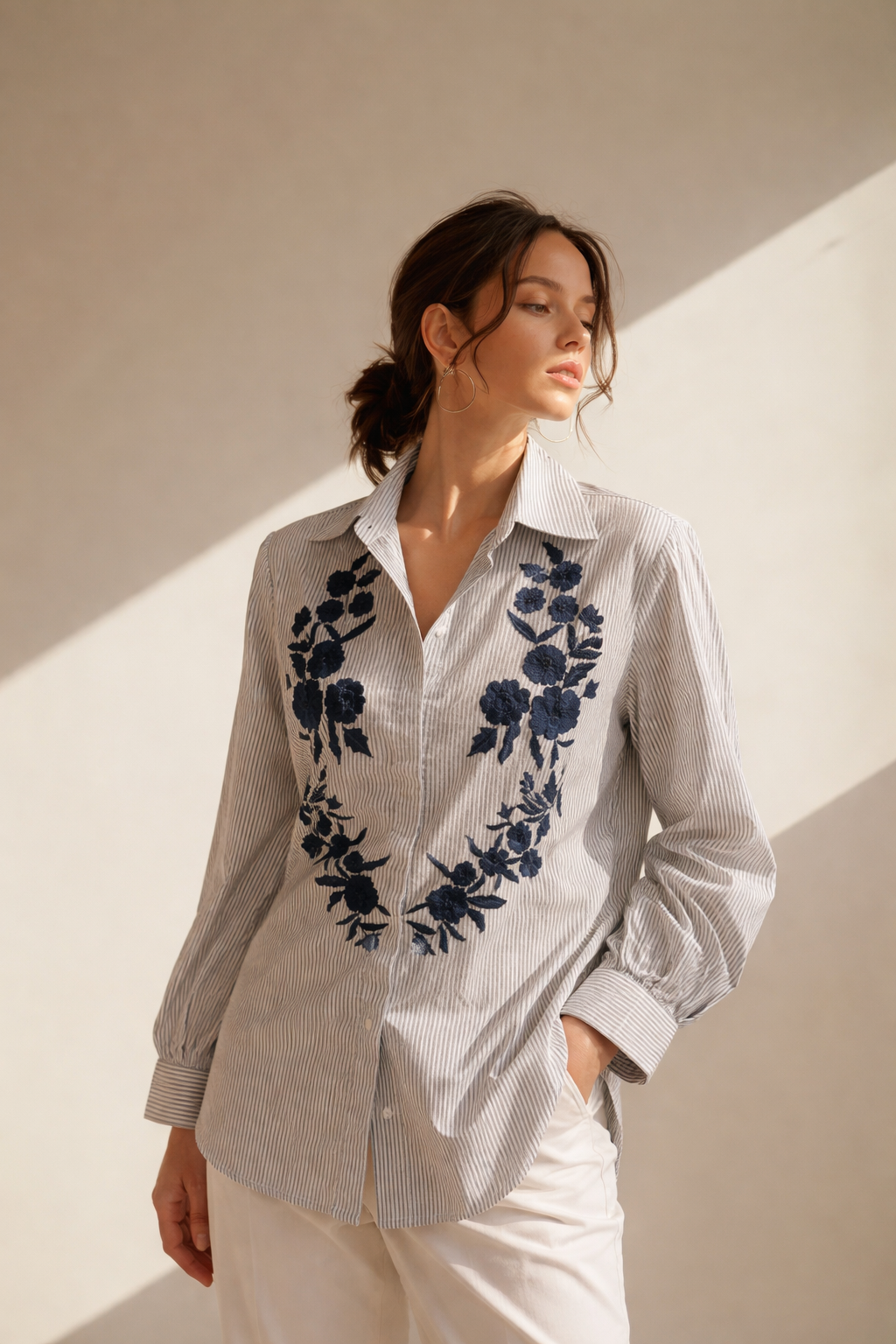 Ivory Stripe Blue Floral Embroidered Shirt