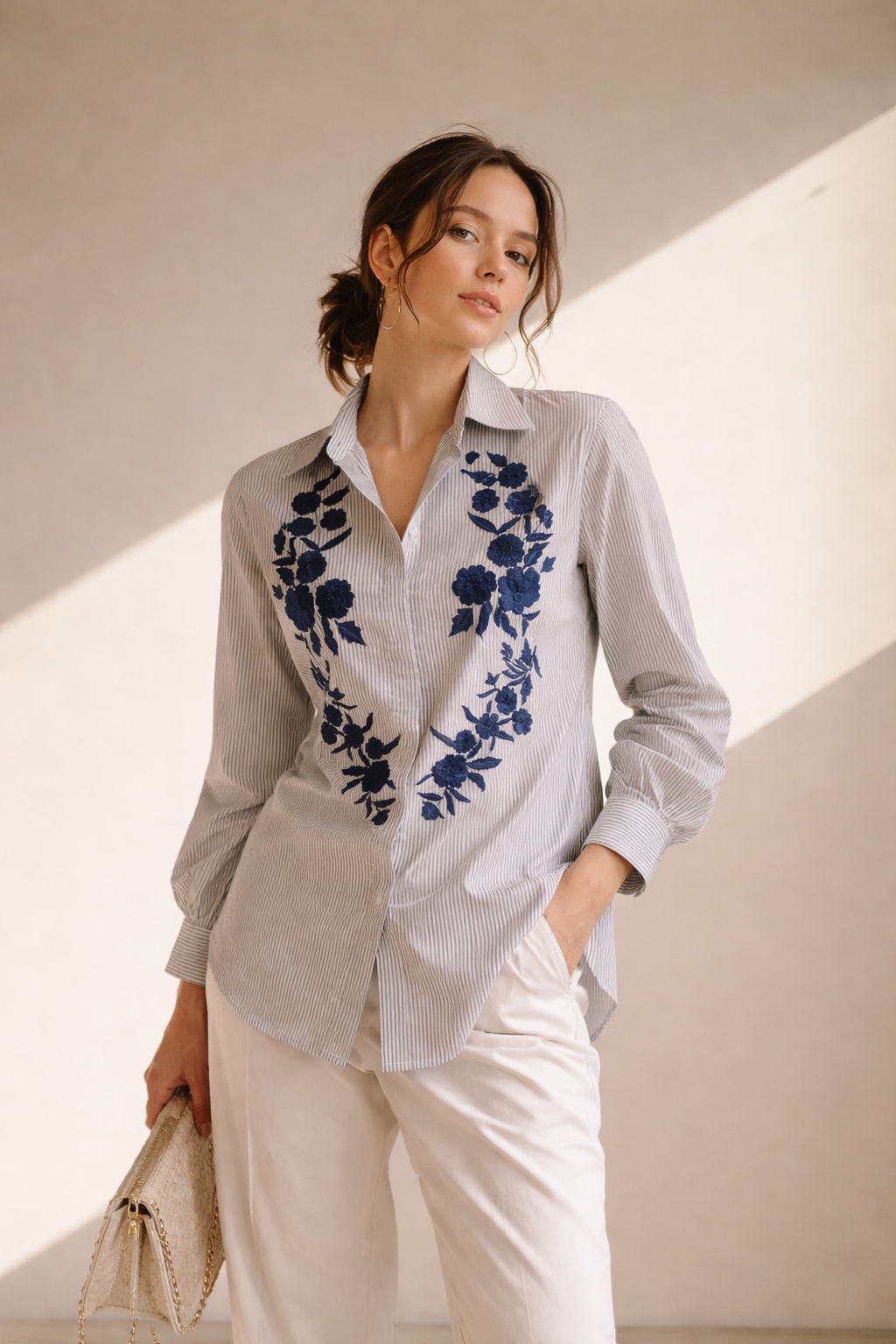 Ivory Stripe Blue Floral Embroidered Shirt