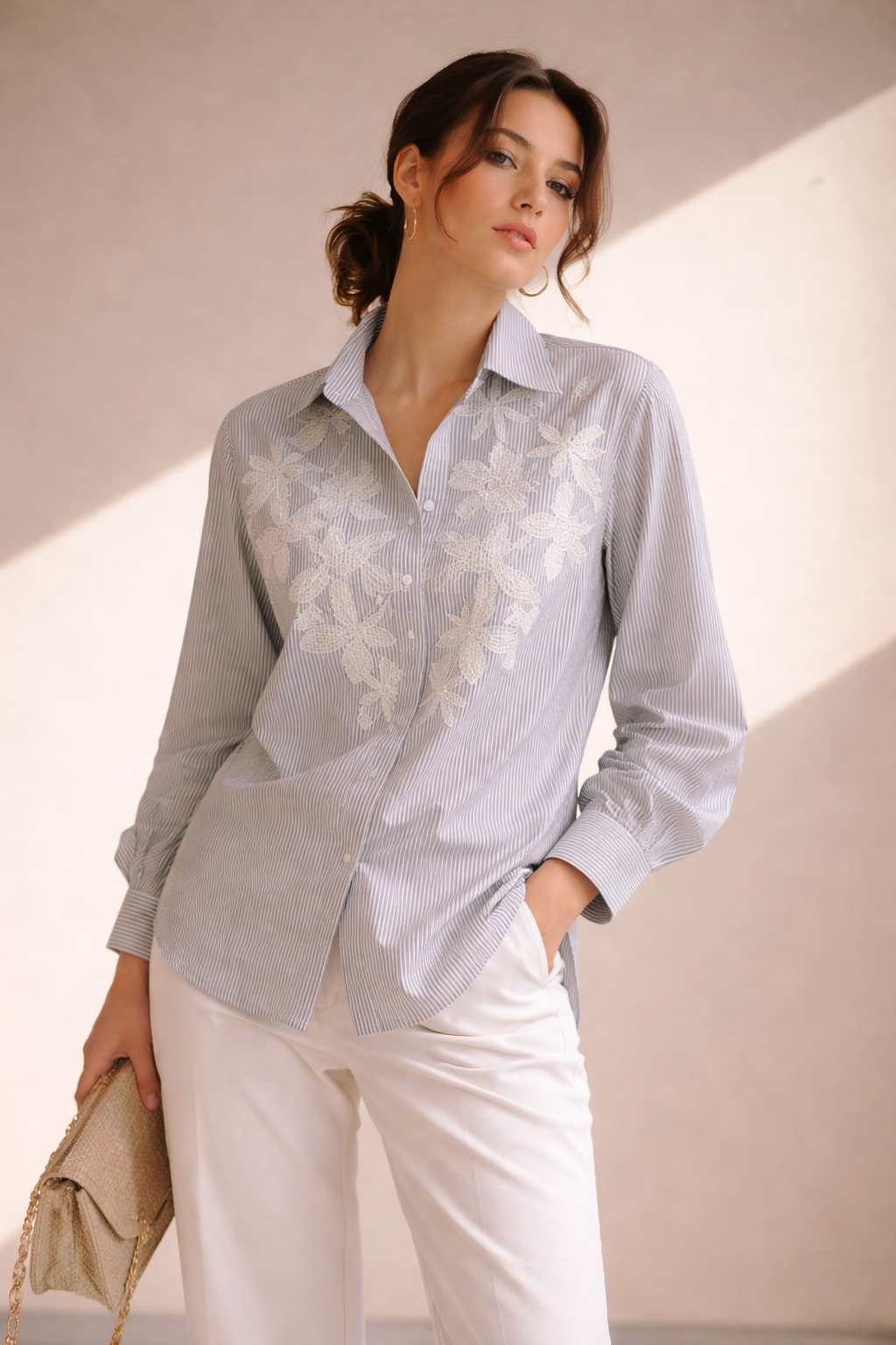 Ivory Stripe White Floral Embroidered Shirt