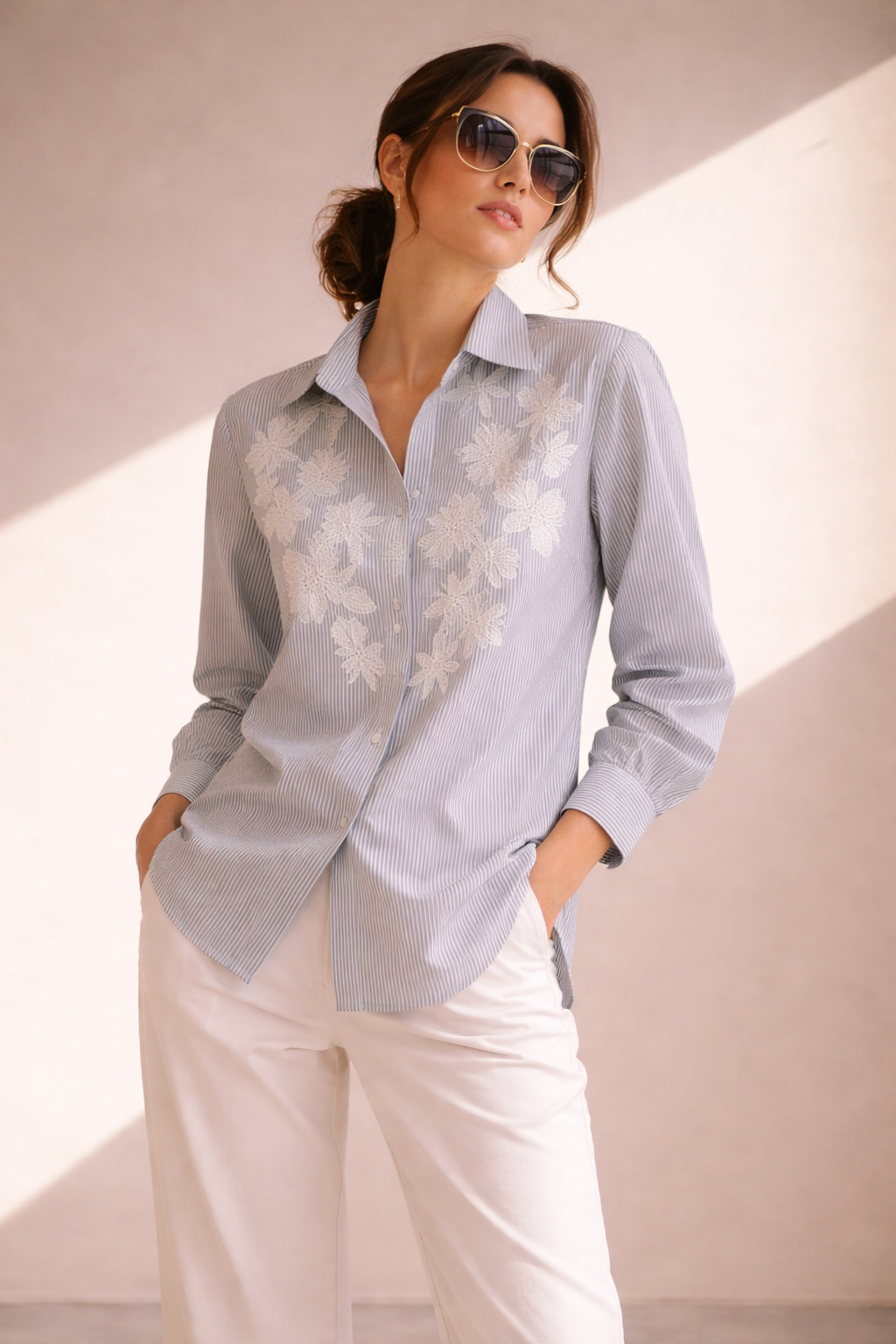 Ivory Stripe White Floral Embroidered Shirt