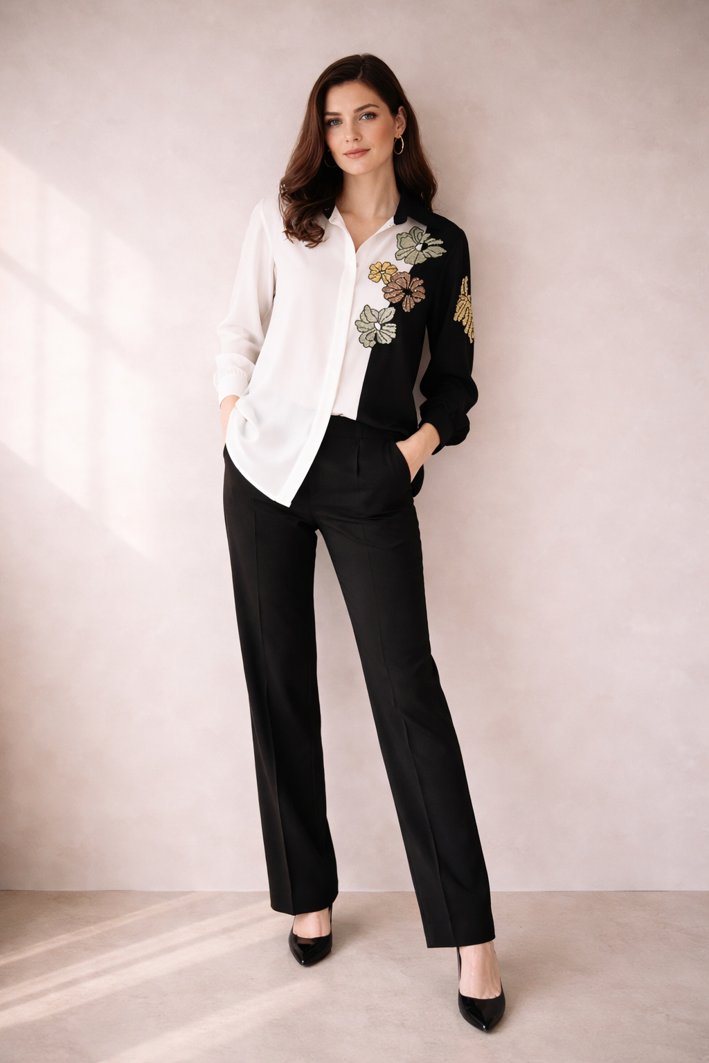 Black & White Floral Embroidered Shirt