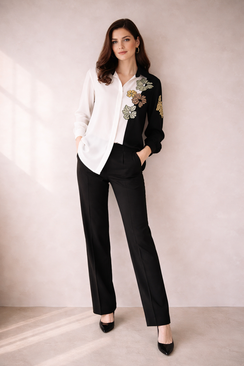 Black & White Floral Embroidered Shirt