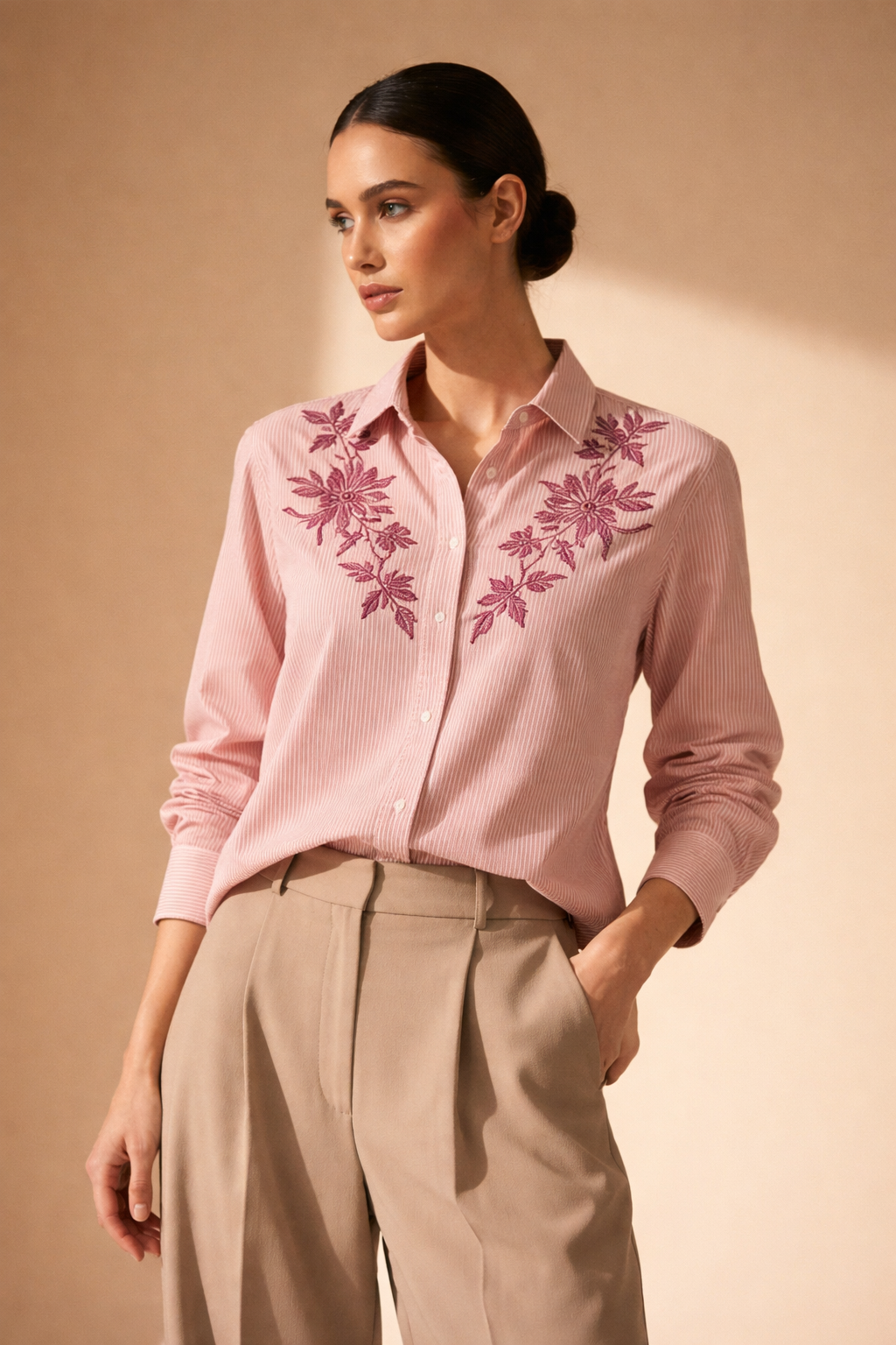 Blush Stripe Floral Embroidered Shirt