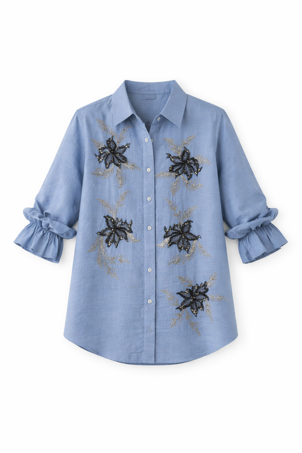 Dusty Blue Black Floral Embroidered Shirt