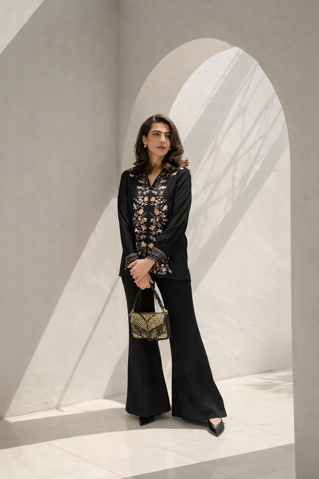 Black Gold Floral Embroidered shirt