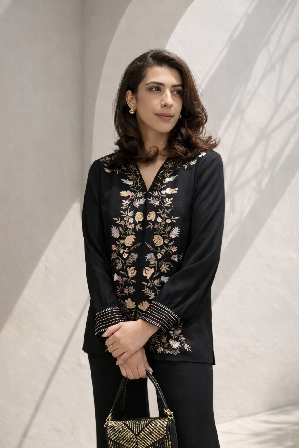 Black Gold Floral Embroidered shirt