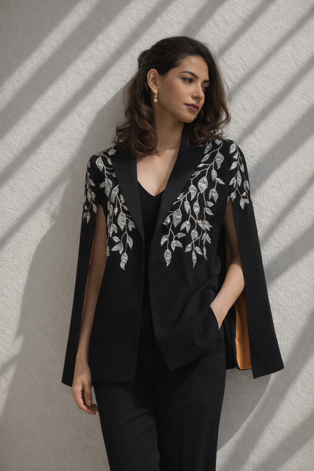 Black Silver Embroidered Cape Blazer