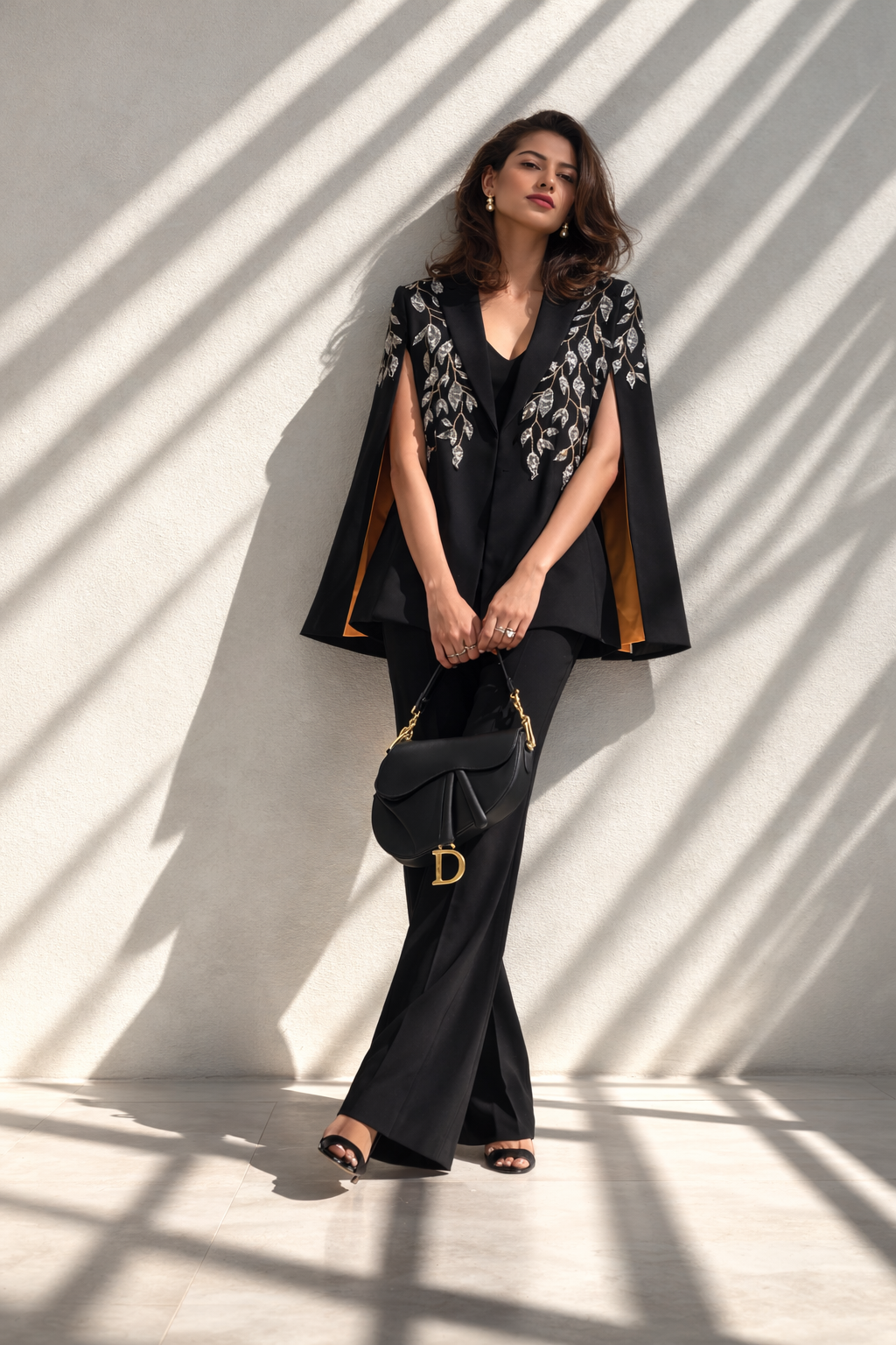 Black Silver Embroidered Cape Blazer