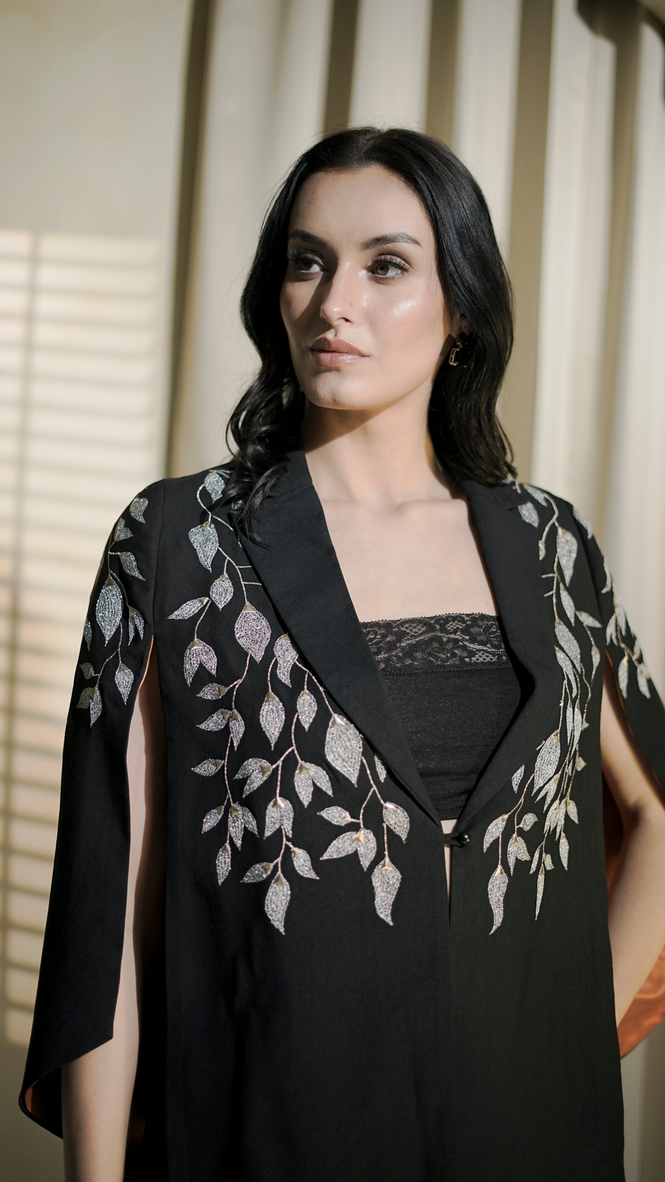 Noir Vine Embroidered Cape Co-Ord Set