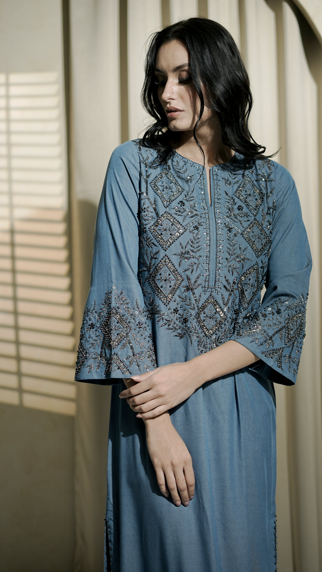 Steel Blue Geometric Embellished Tunic