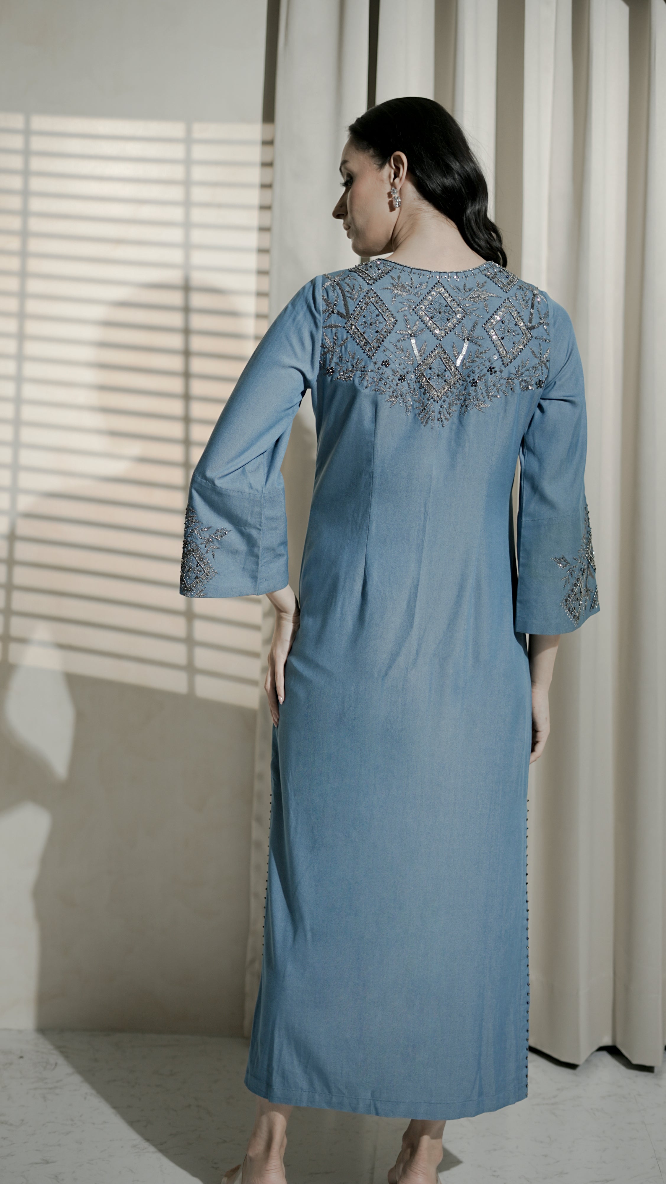 Steel Blue Geometric Embellished Kurta Set