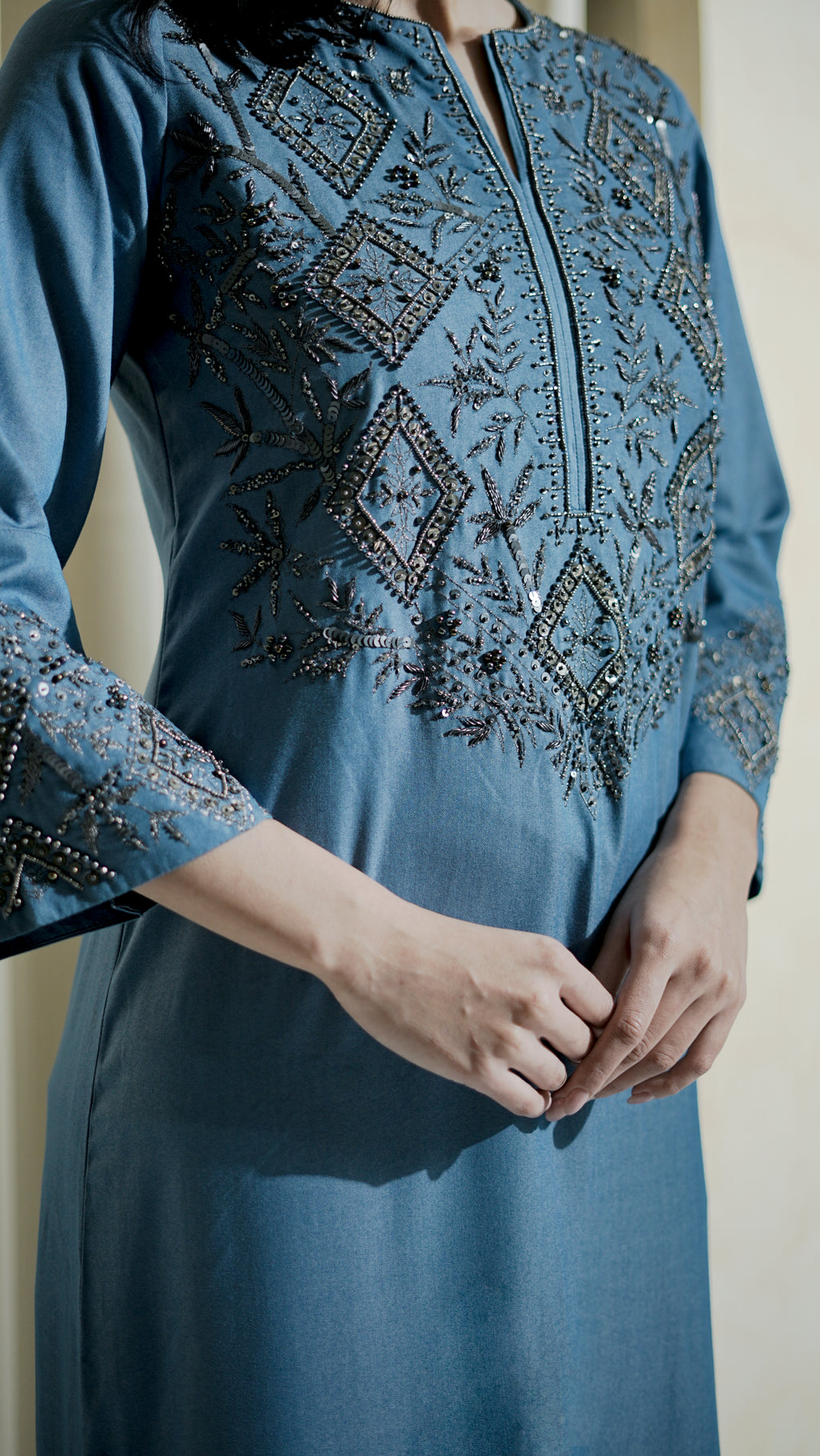 Steel Blue Geometric Embellished Tunic